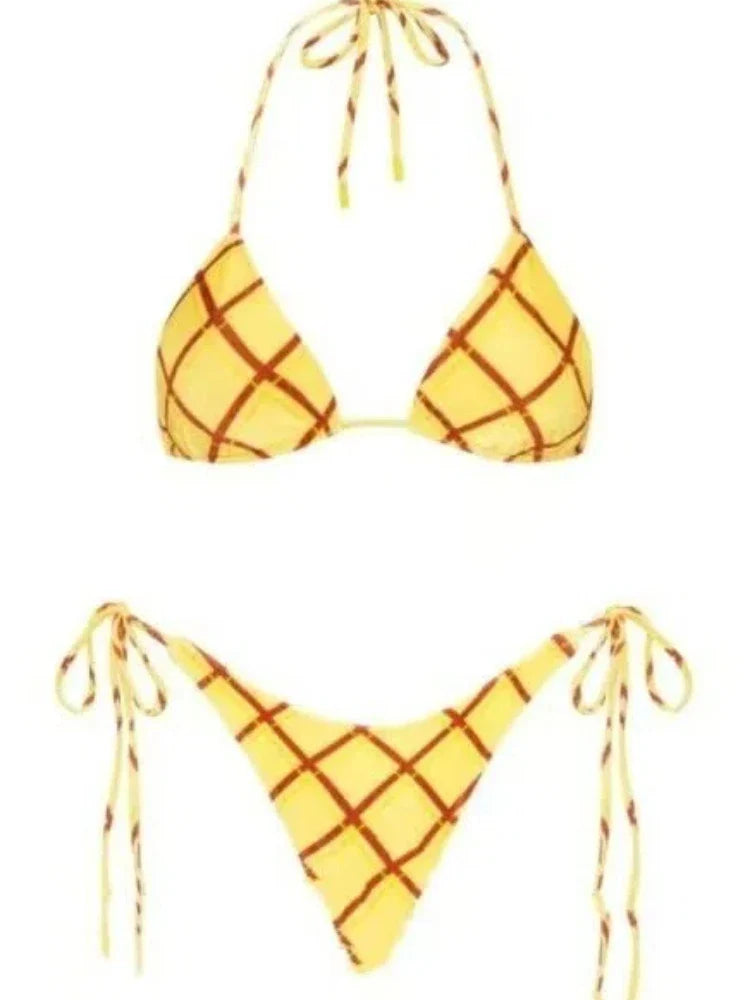 Yellow Gingham Bikini Set Halter Neck & Crisscross Back Sweet Two Piece Swimsuit Two Piece