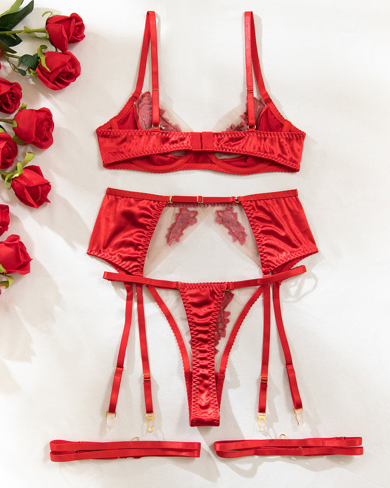 See-through Mesh Floral Embroidery Patchwork Push-up Bra and Thong Lingerie Set