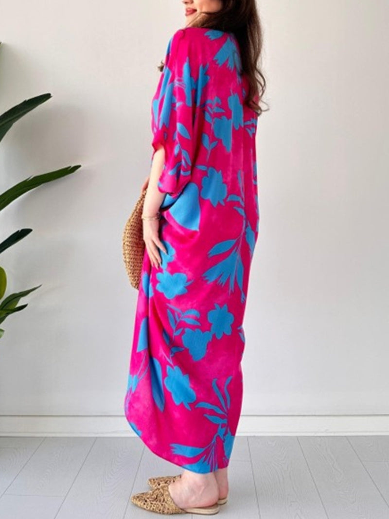 Fashion Printed Bat Sleeve V-Neck Dress