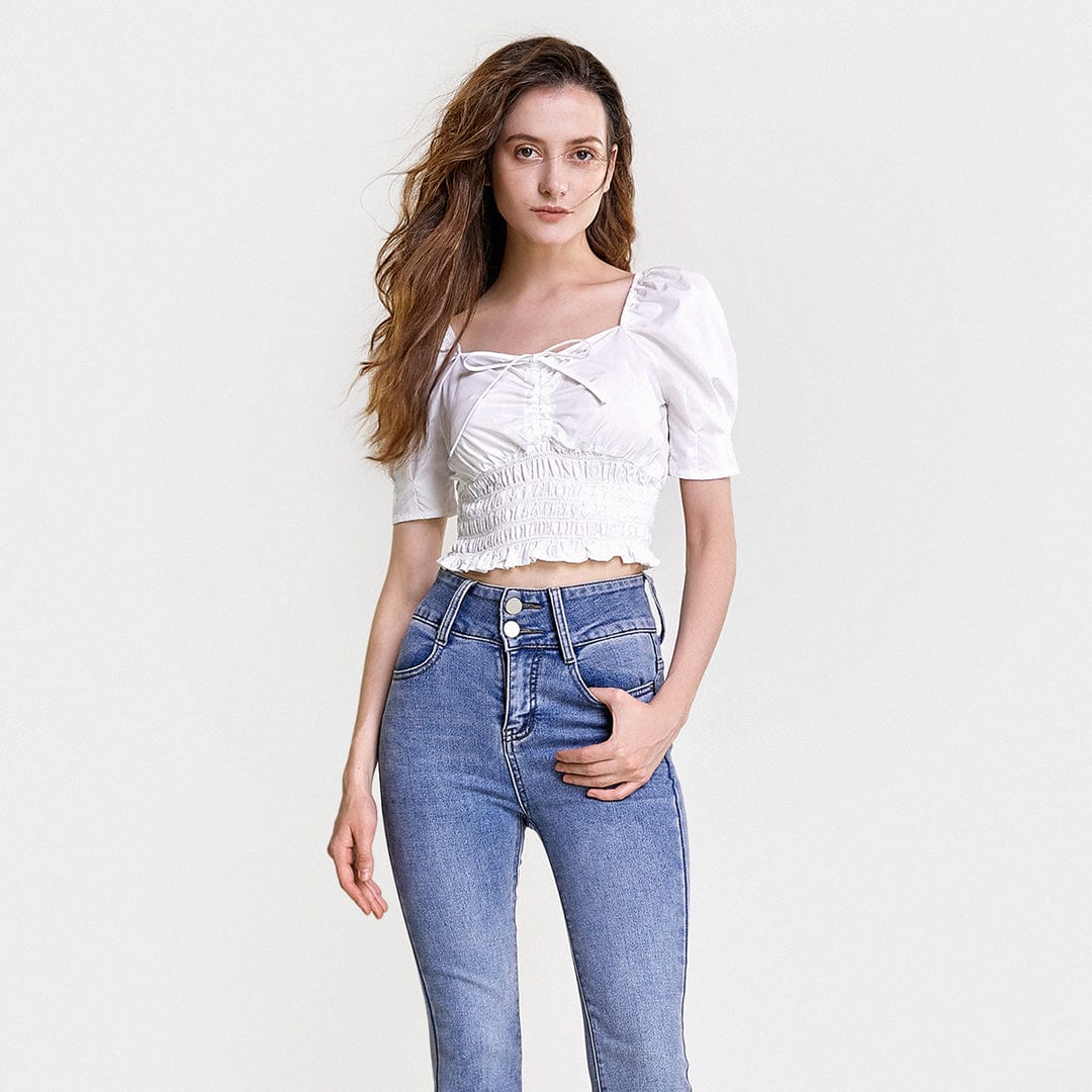 White Ruched Drawstring Smocked Cropped Blouse