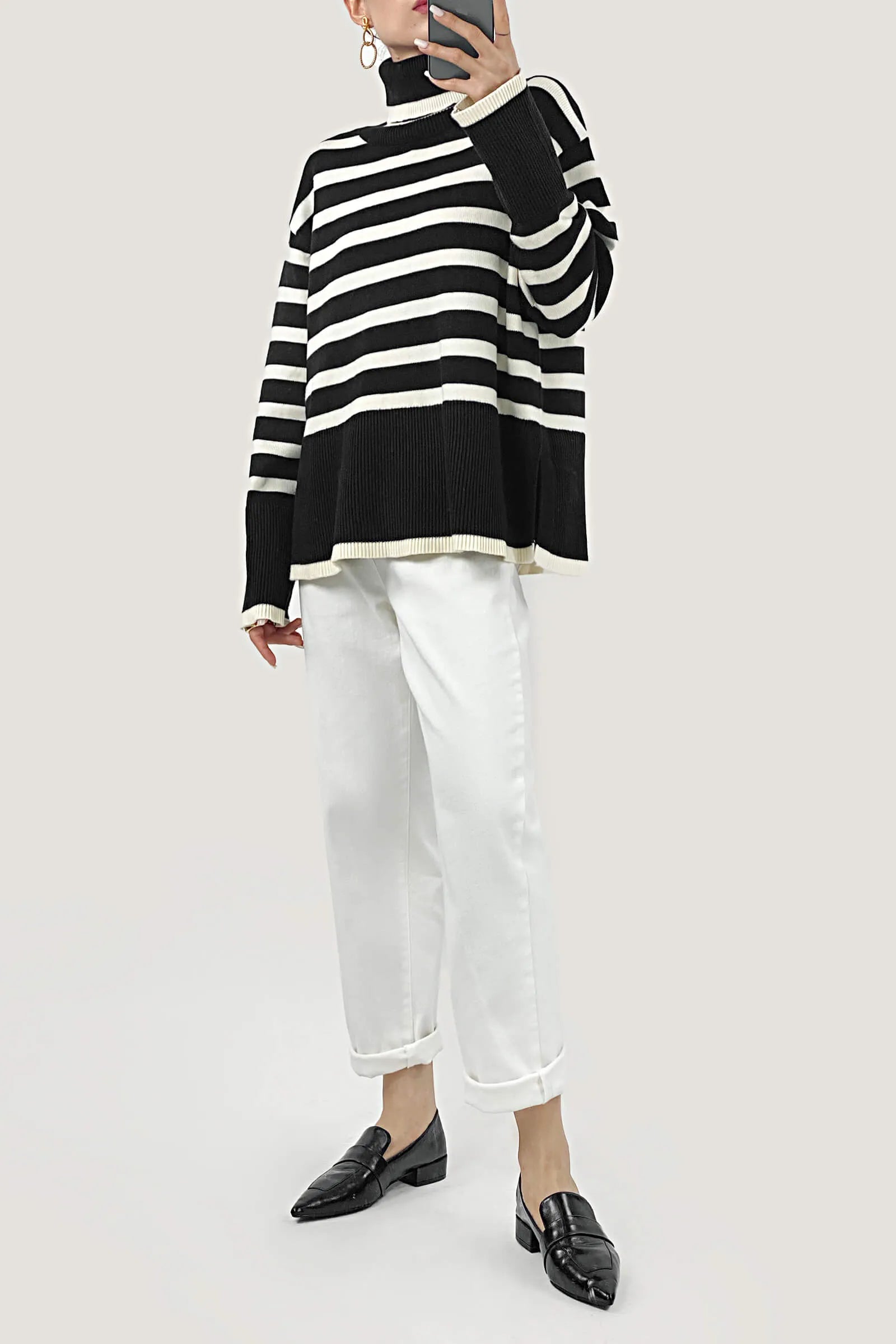 White Roll Neck Striped Ribbed Pullover Sweater