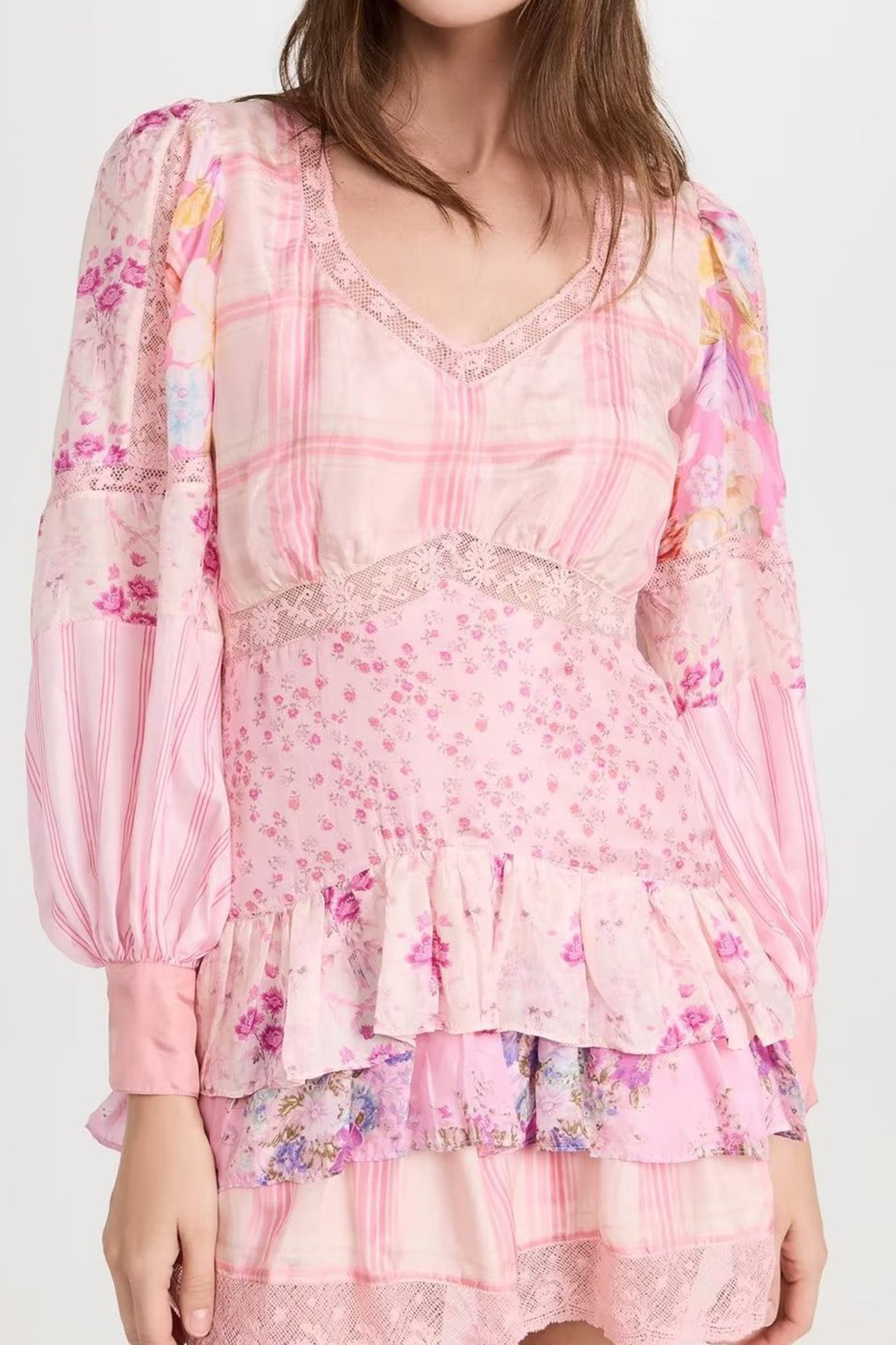 Pink Floral Print Balloon Sleeve Tiered Mini Dress