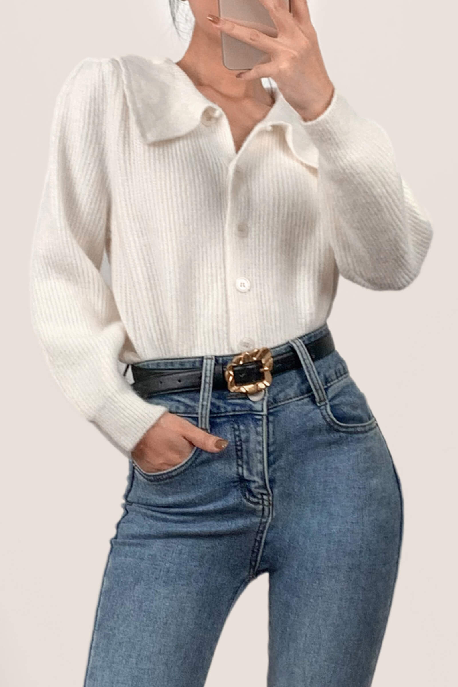 White Collared Ribbed Knit Cardigan