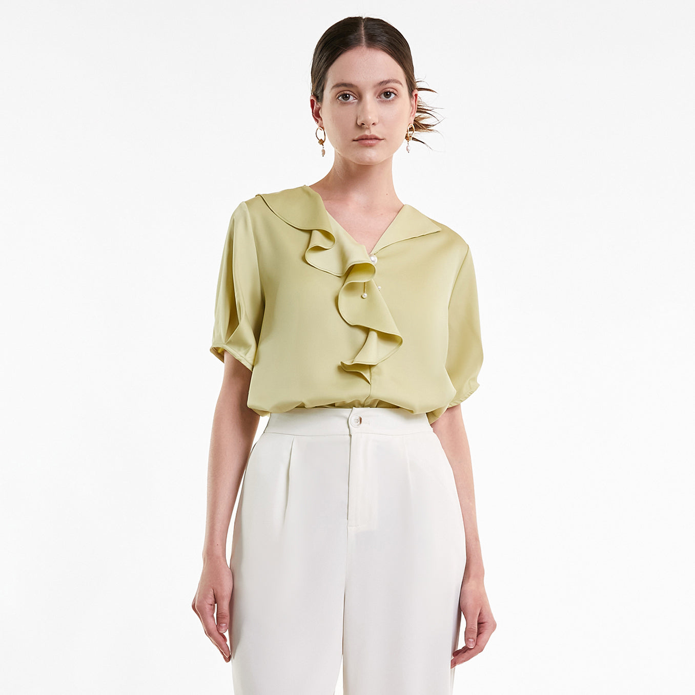 Yellow Green Flounce-Trimmed Short Sleeve Blouse