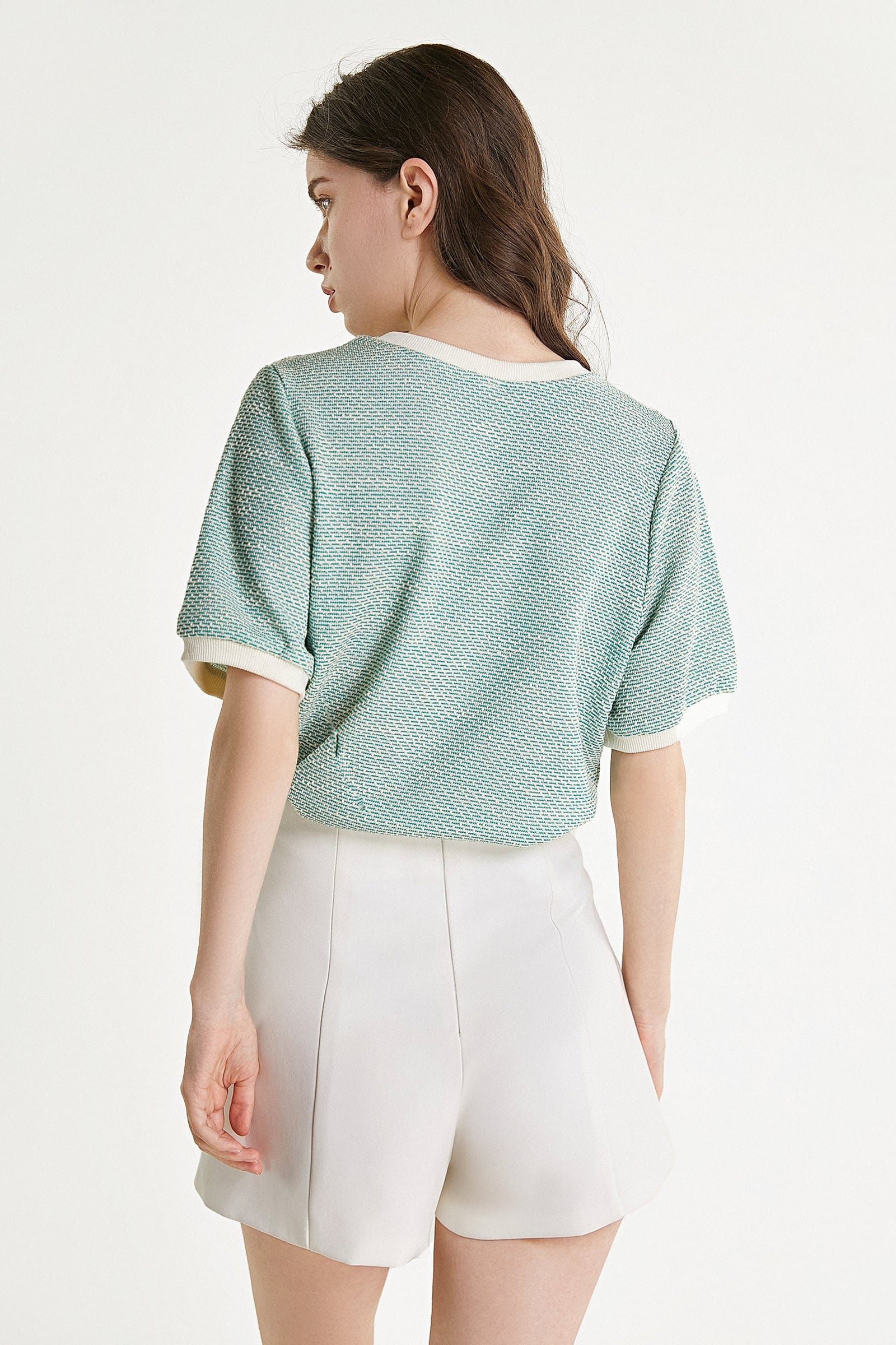 Light Green Textured Round Neck Contrast Trim Detail Blouse