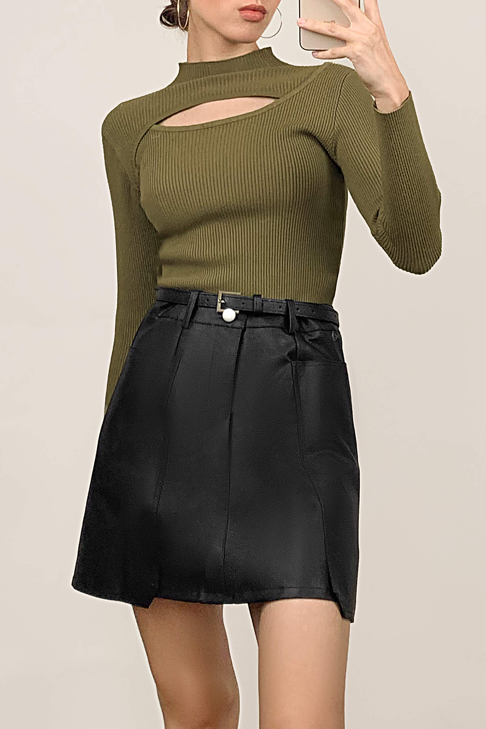 Olive Mock Neck Front Cut Out Ribbed Knit Sweater