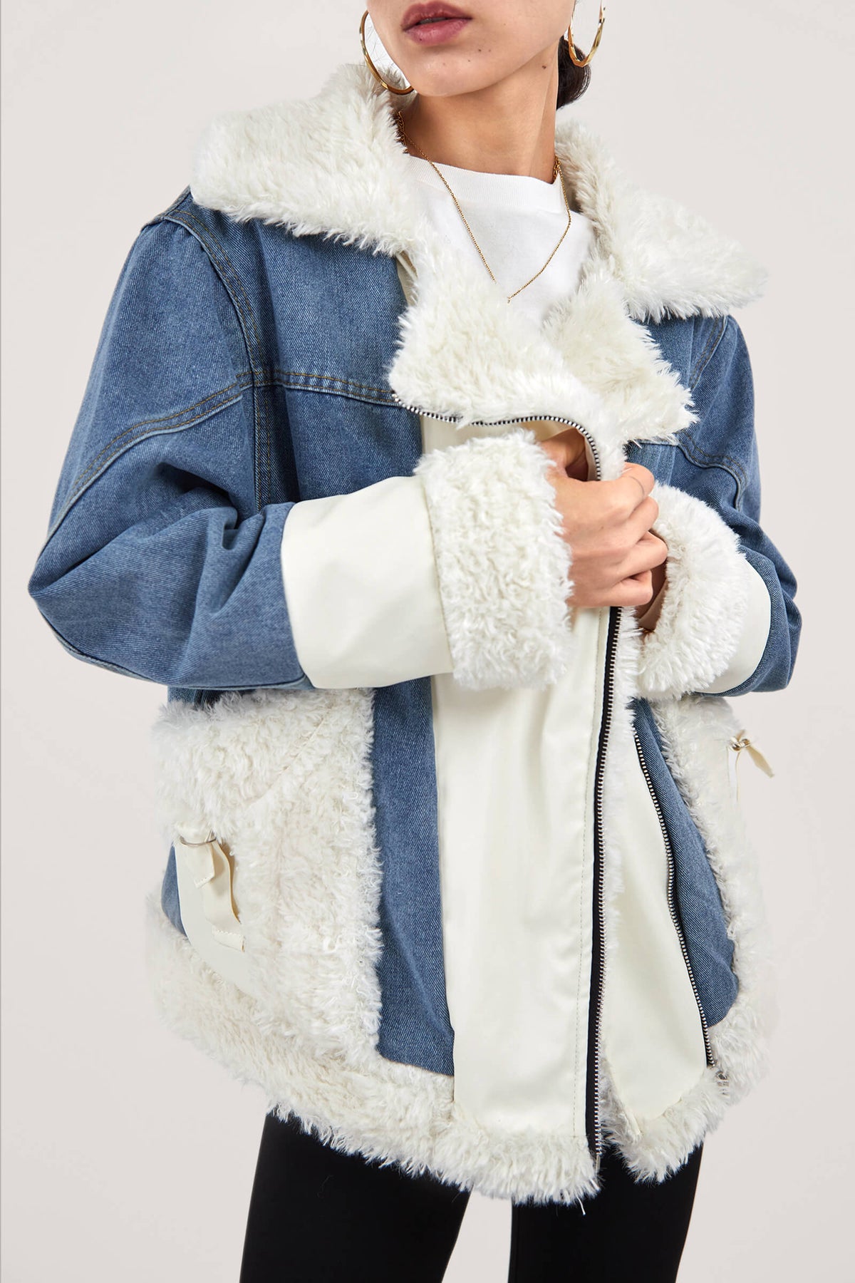 Zip Up Teddy Denim Jacket