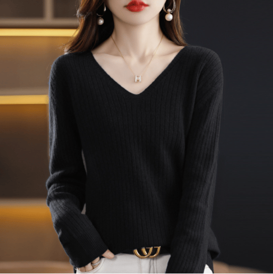 V-Neck Pullover Long Sleeve Solid Color Cashmere Sweater