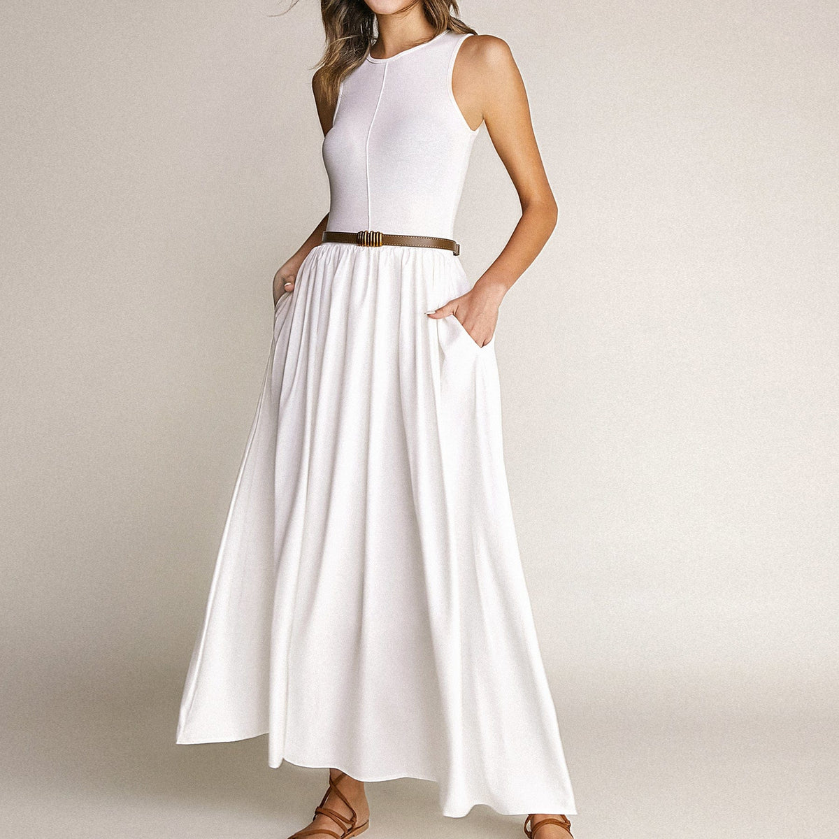 White Knit Tank Bodice Maxi Dress