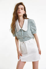 Sea Green Plaid Puff Sleeve Ruffled Statement Collar Shirt