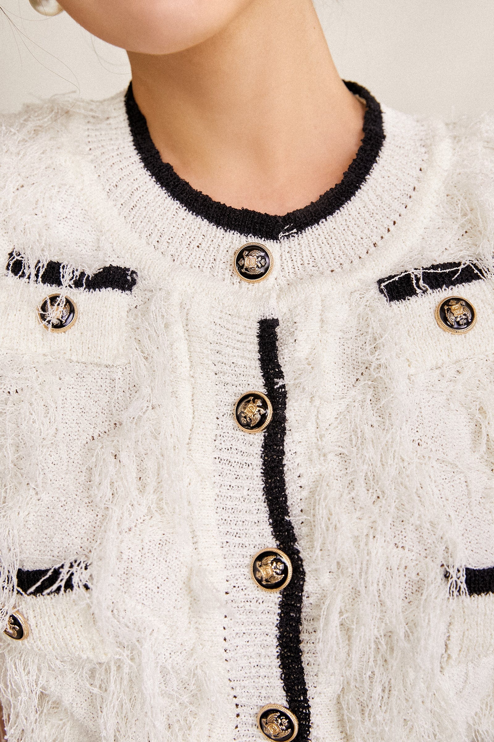 Ivory Frayed Button-Up Contrast Trim Cropped Knit Top