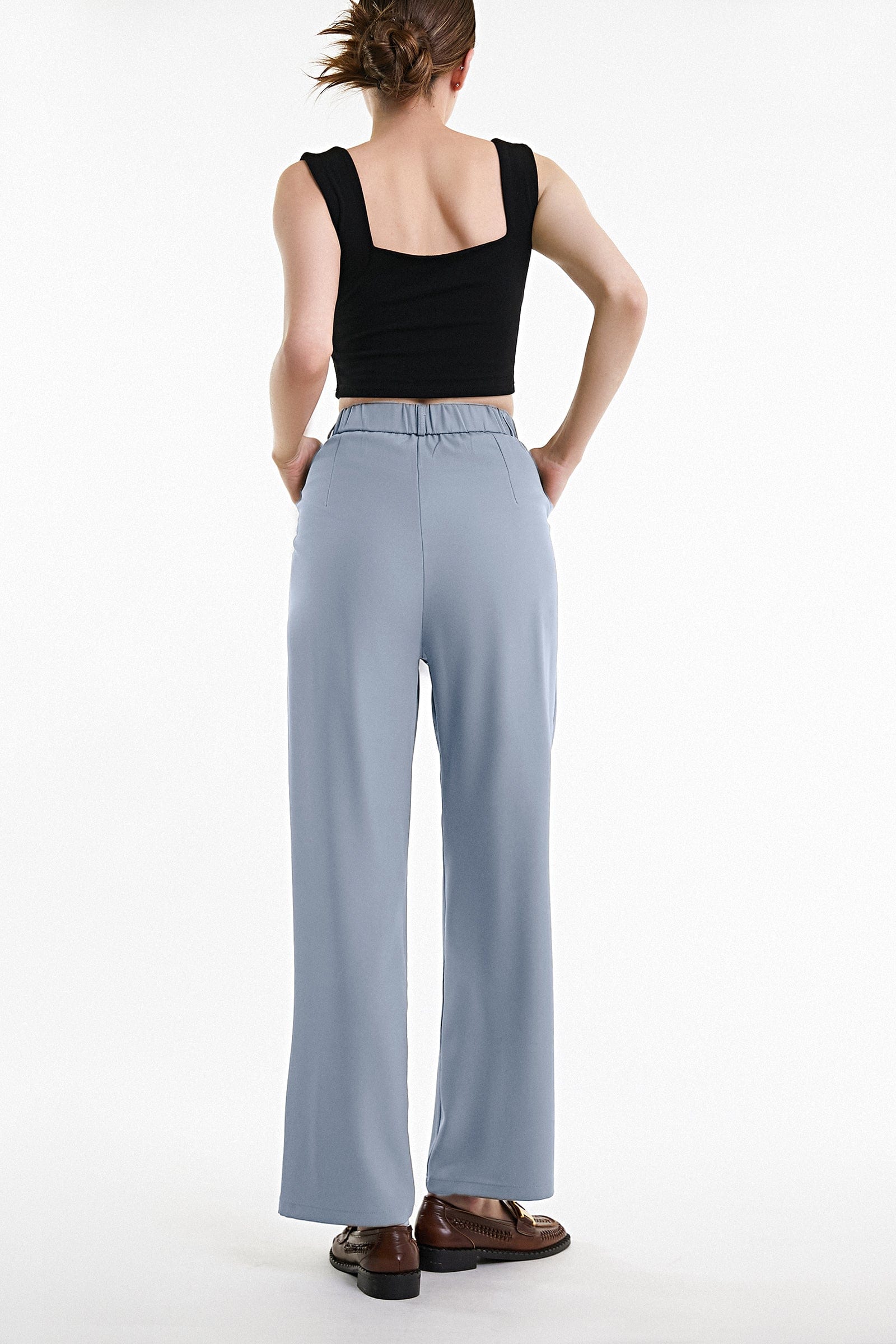 Light Steel Blue  Half Elastic Pleat Detail Wide Leg Suit Pants