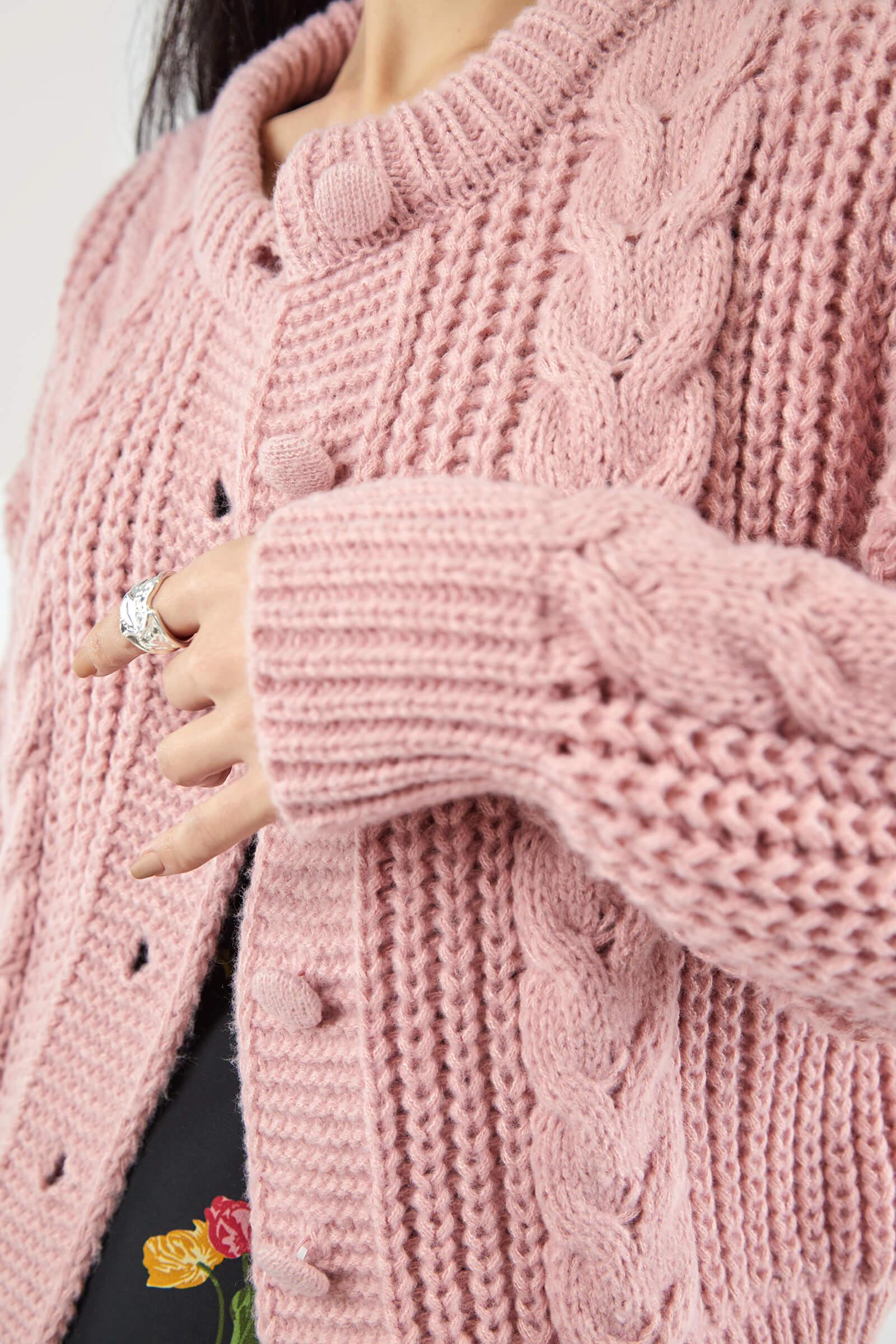 Dark Salmon Cable-Knit Button-Up Cardigan