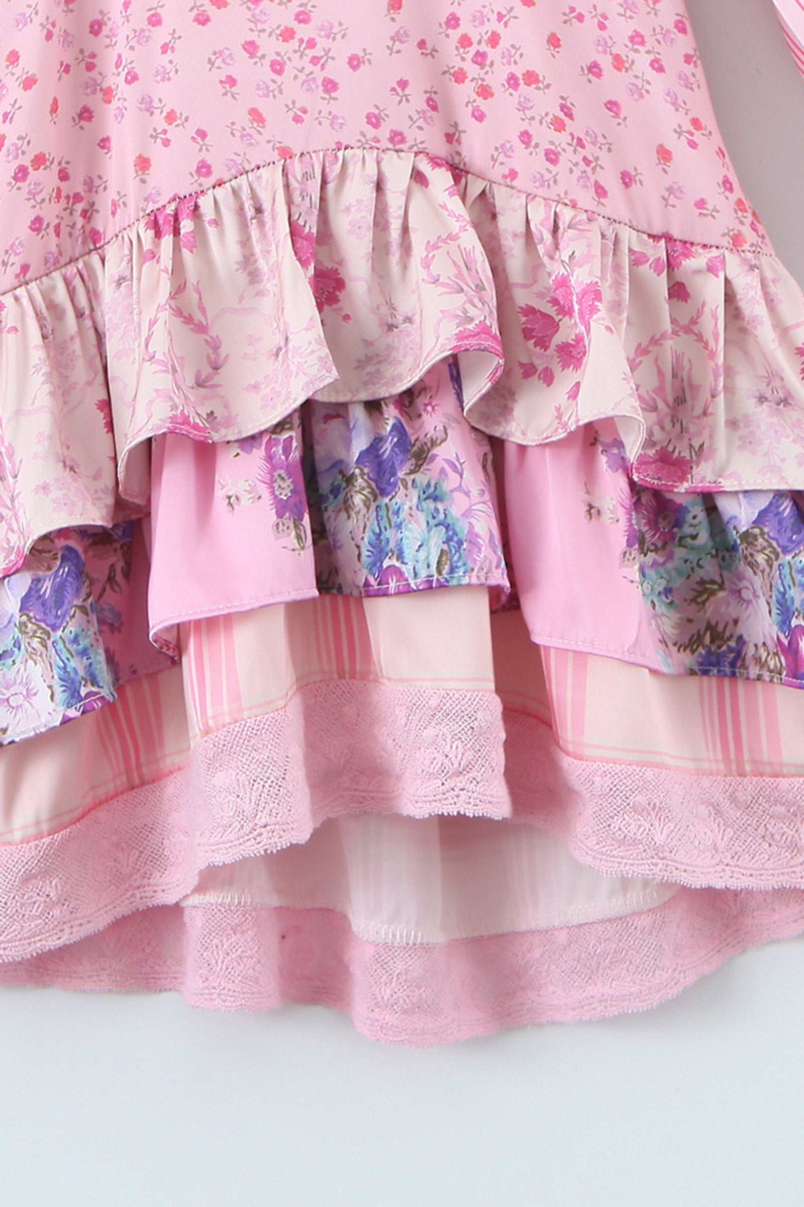 Pink Floral Print Balloon Sleeve Tiered Mini Dress