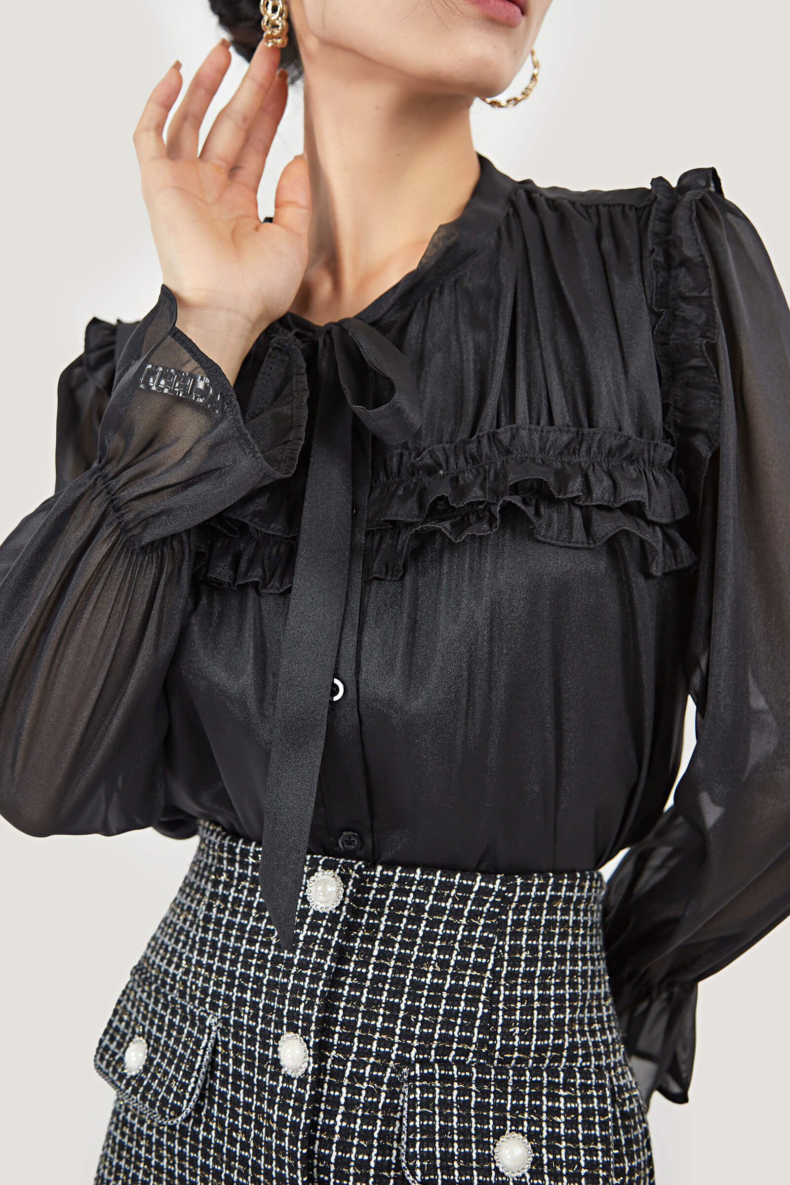 Tie-Neck Ruffle Pleated  Blouse