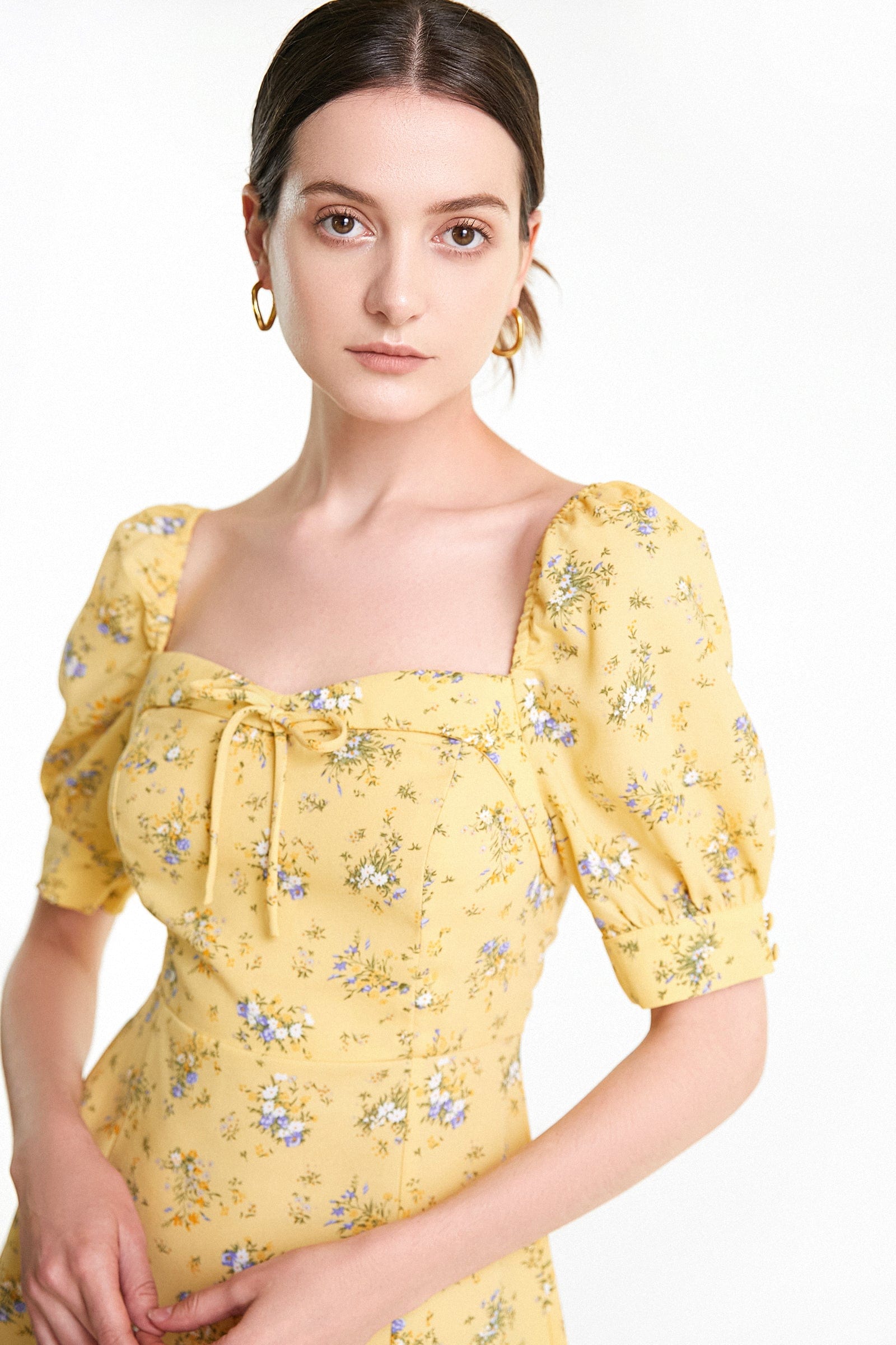 Yellow Floral Print Smocked Tiered Hem Mini Dress