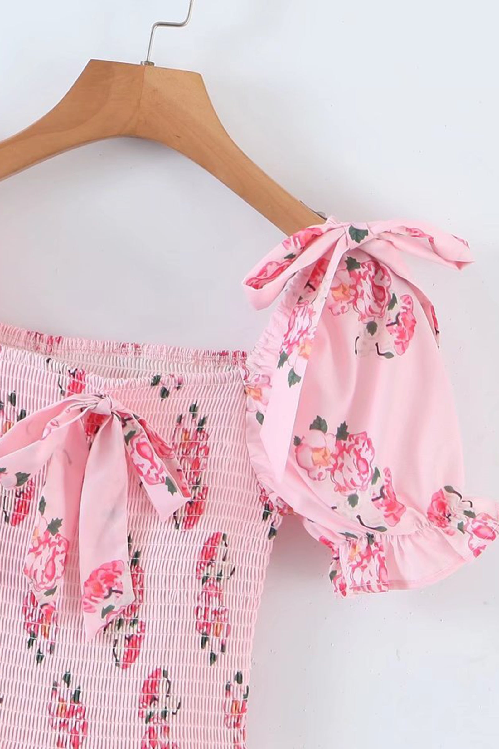 Pink Floral Print Bow-Tie Tiered Mini Dress