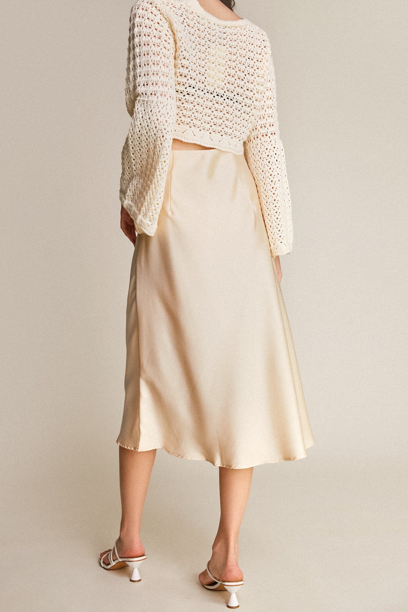 Ivory Satin High Rise A-Line Midi Skirt