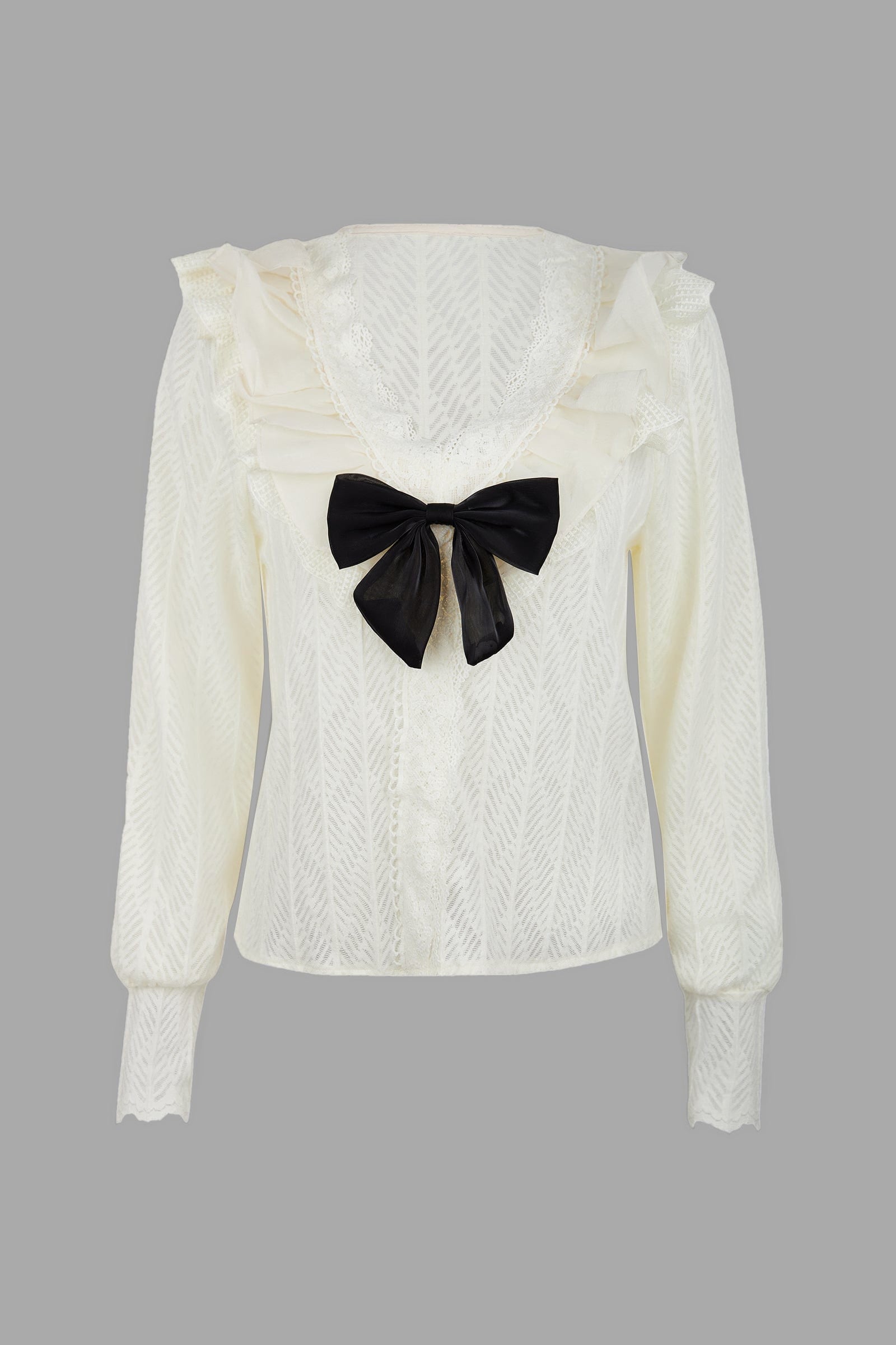Ivory Ruffle Trim Bowknot Decor Blouse