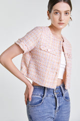 Pink Button-Up Short Sleeve Cropped Tweed Jacket