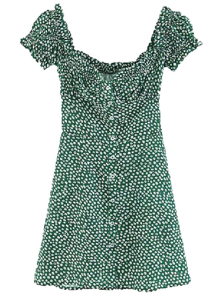 Green Square Collared Broken Flowers Wear Both Over The Shoulders