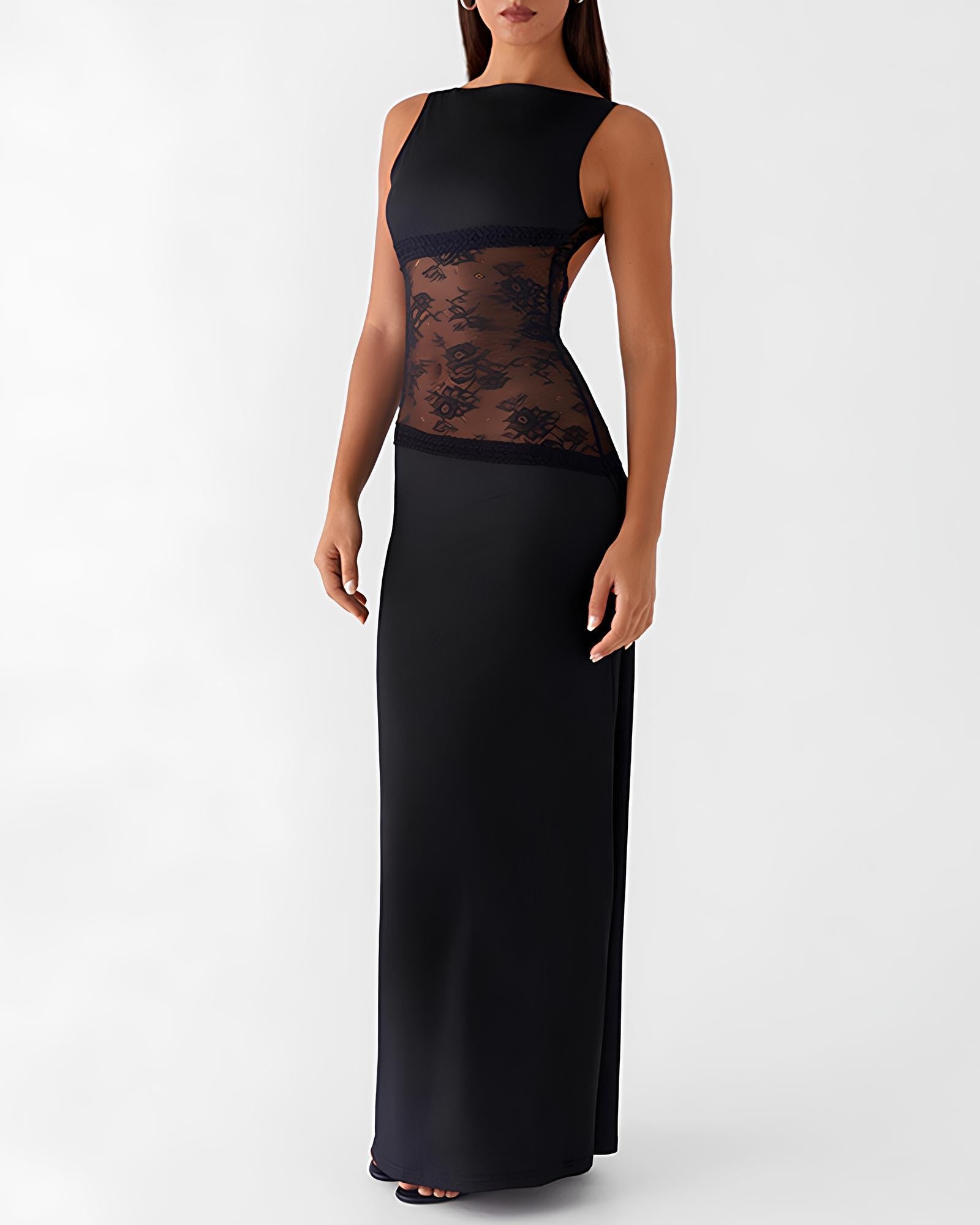 Figure-hugging Spliced Lace Sleeveless Backless Long Dress