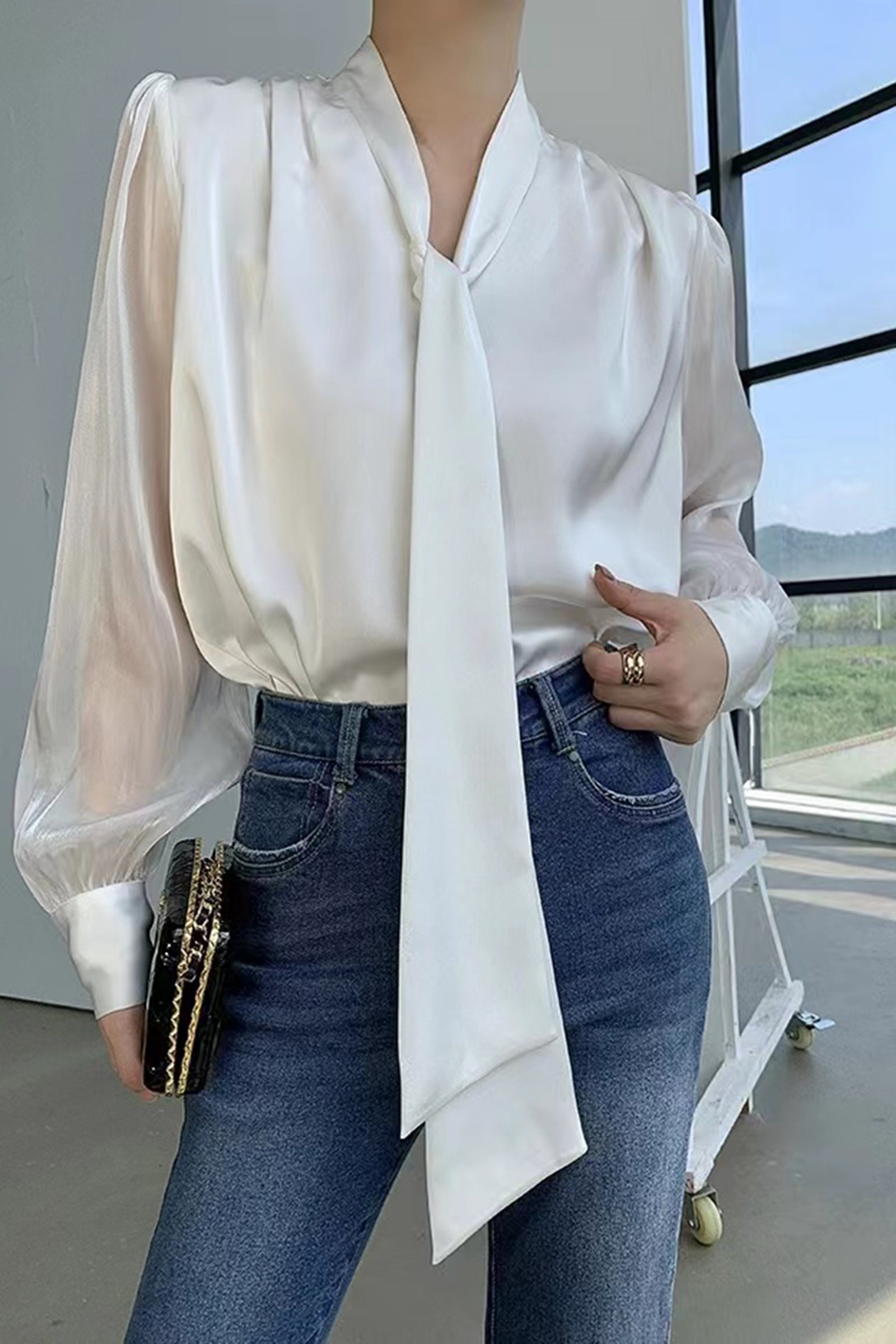 White Tie Lantern Sleeve Blouse