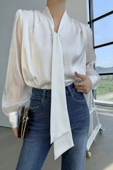 White Tie Lantern Sleeve Blouse