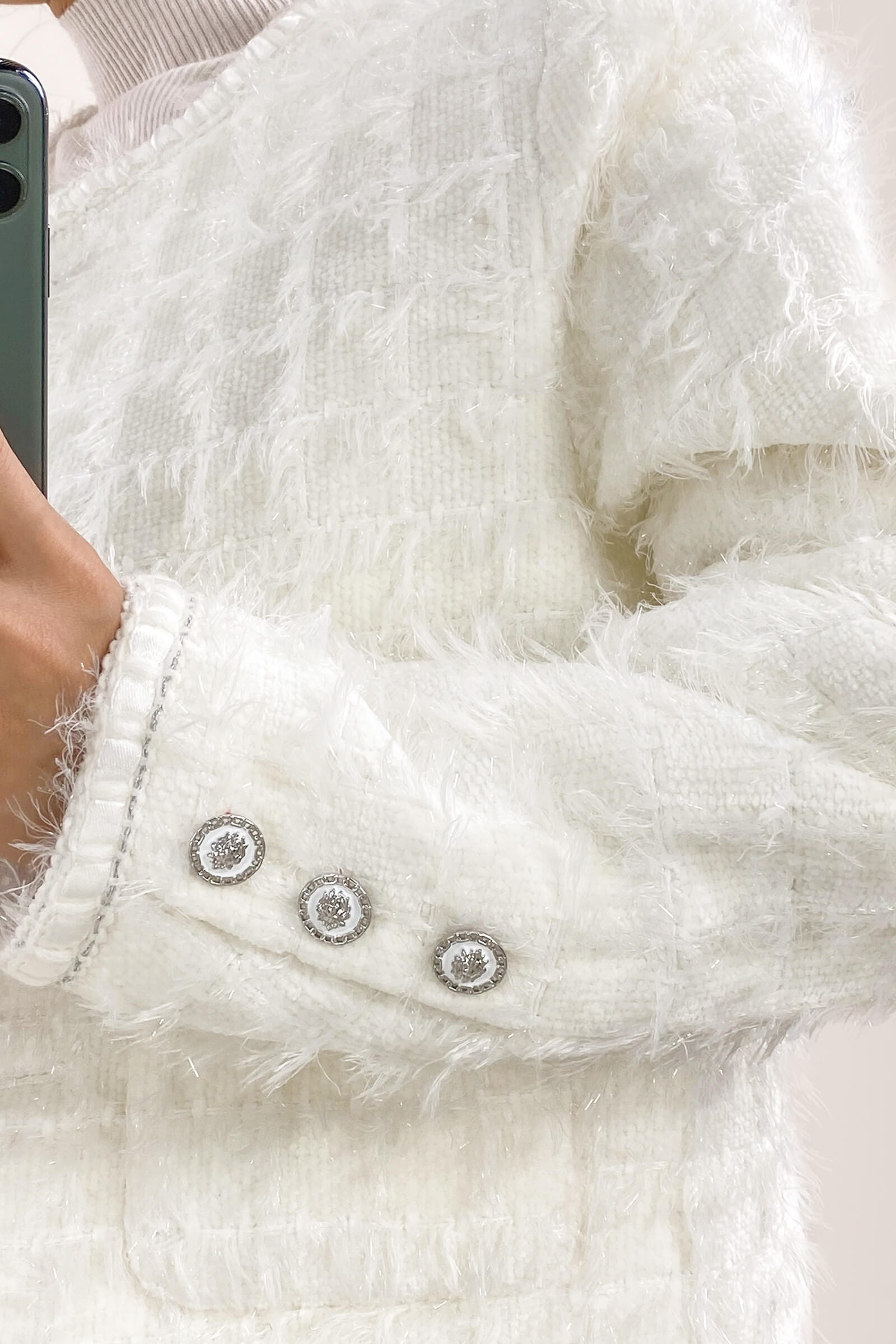 White Frayed Pocket Detail Round Neck Button-Up Tweed Jacket