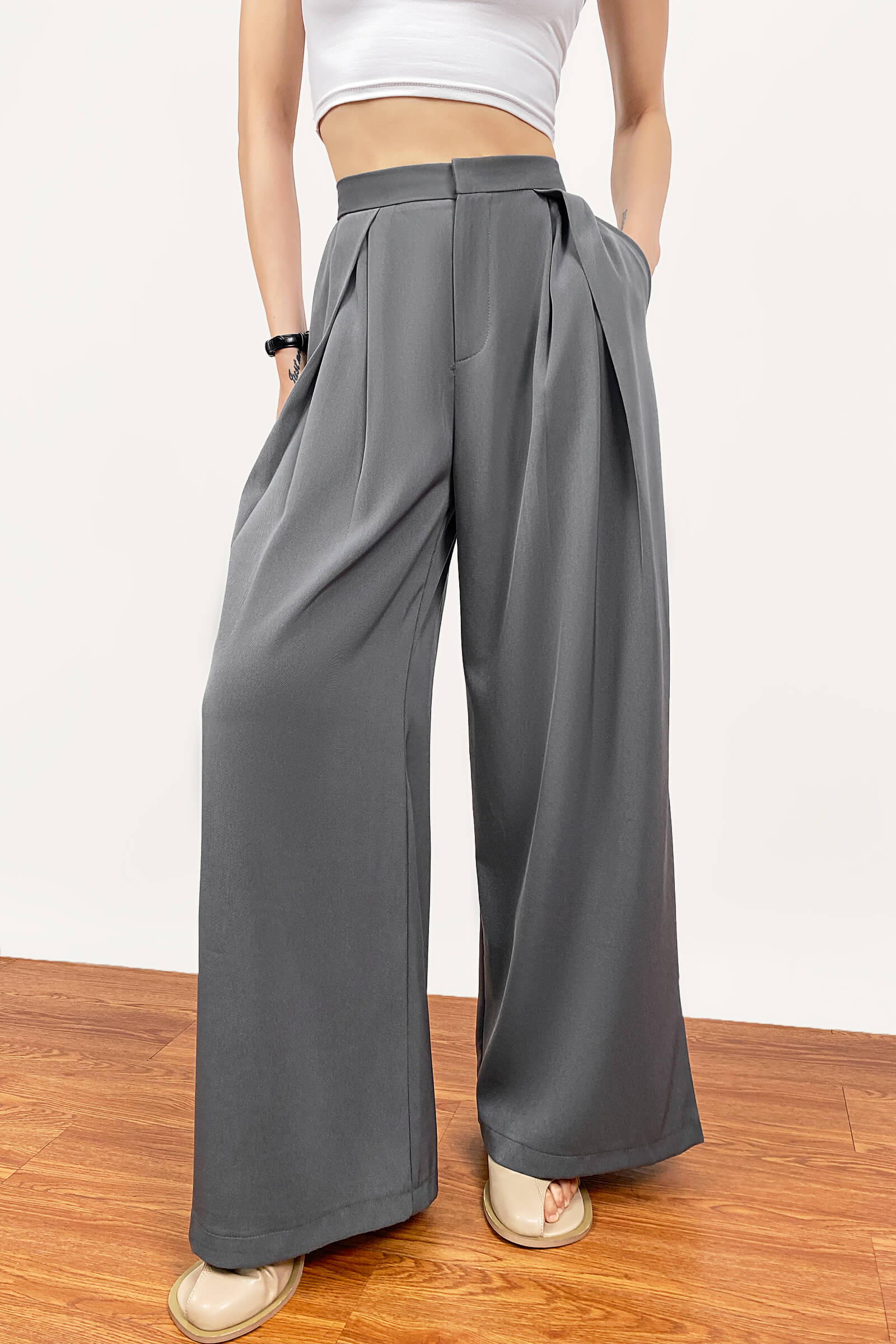 Dark Grey Pleated Wide Leg Work Pants