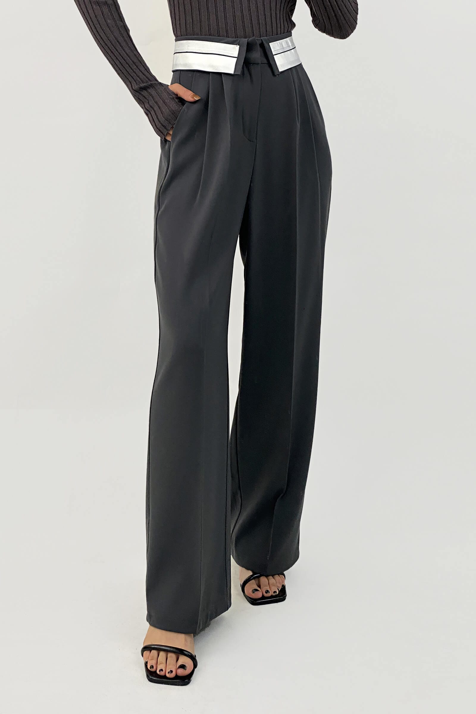 Grey Contrast Foldover Waist Wide Leg Pants