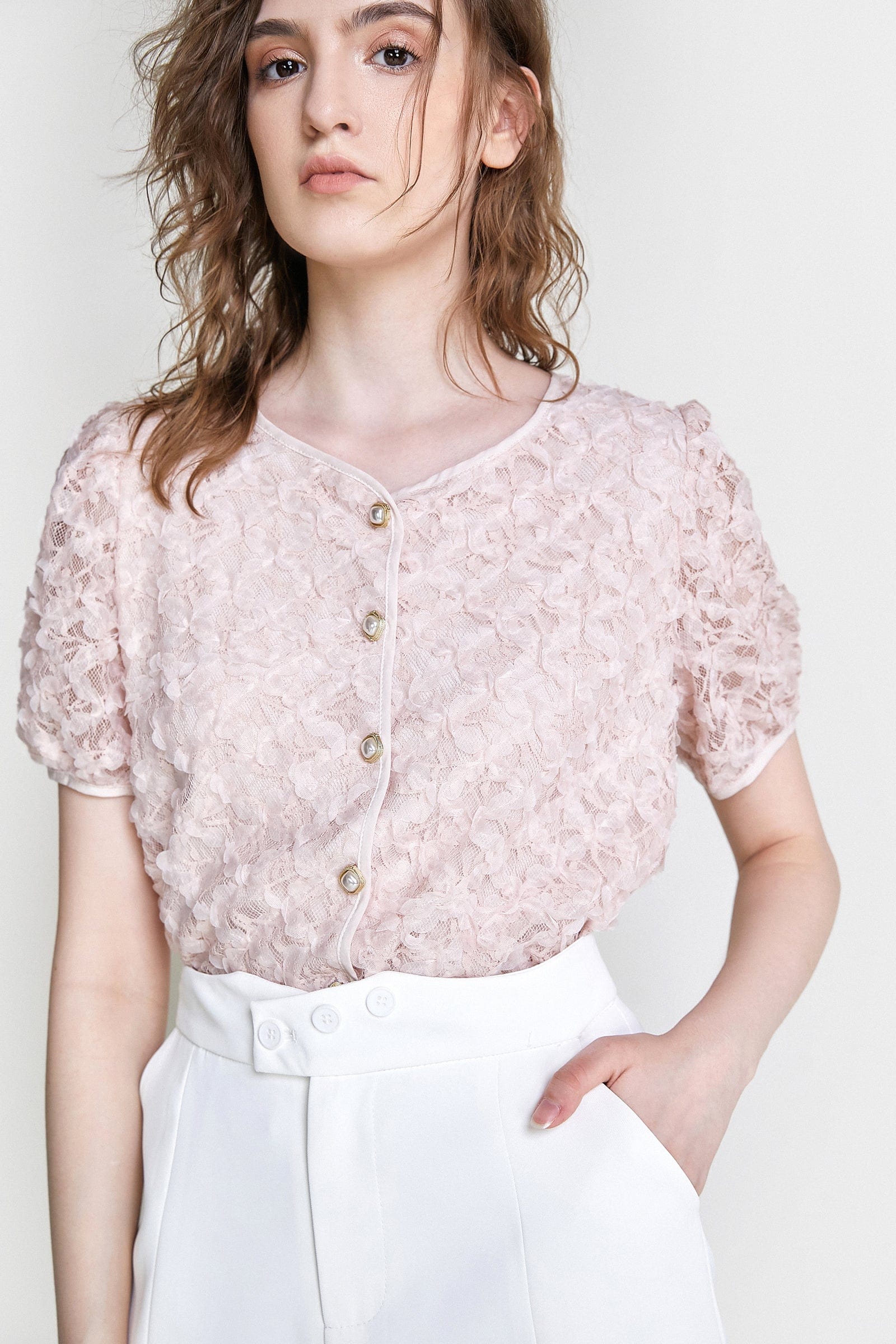 Pink Textured Floral Button Front Blouse