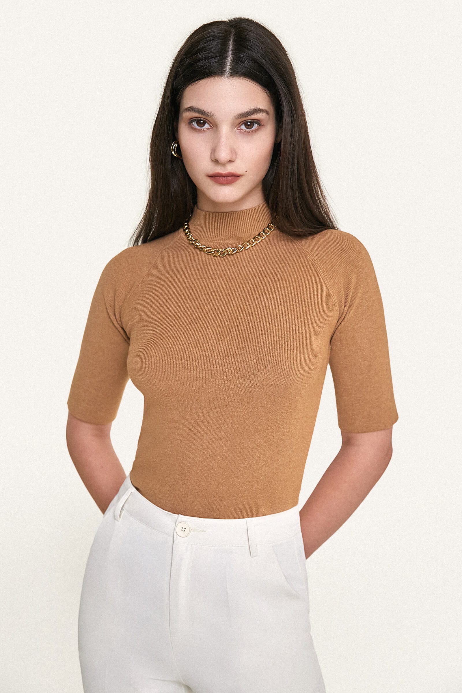 Dark Salmon Mock Neck Short Sleeve Ribbed Knit Sweater Top