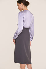 Light Steel Blue V-Neck Long Sleeve Satin Work Blouse