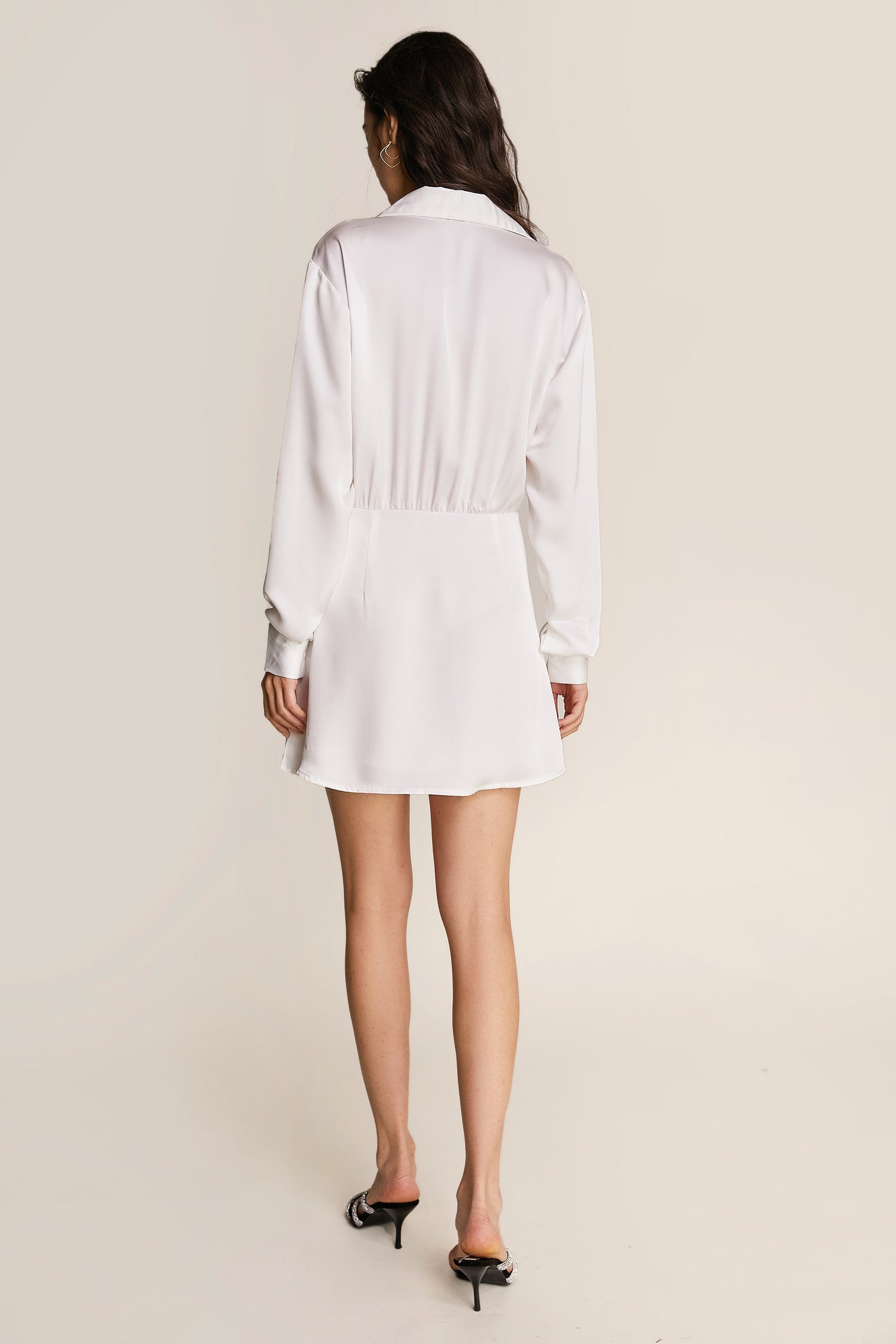 White Satin Gathered Detail V-Neck Long Sleeve Shirt Mini Dress