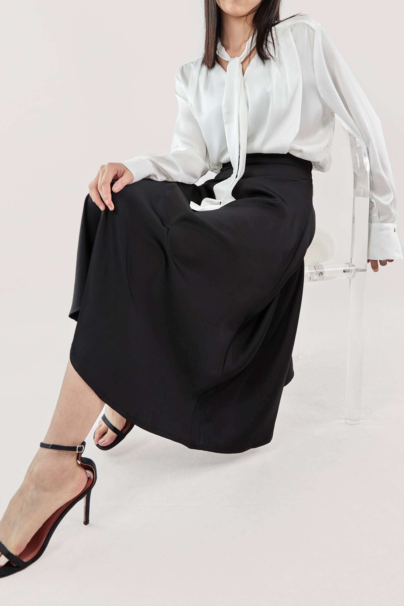 White Tie Neck Satin Blouse