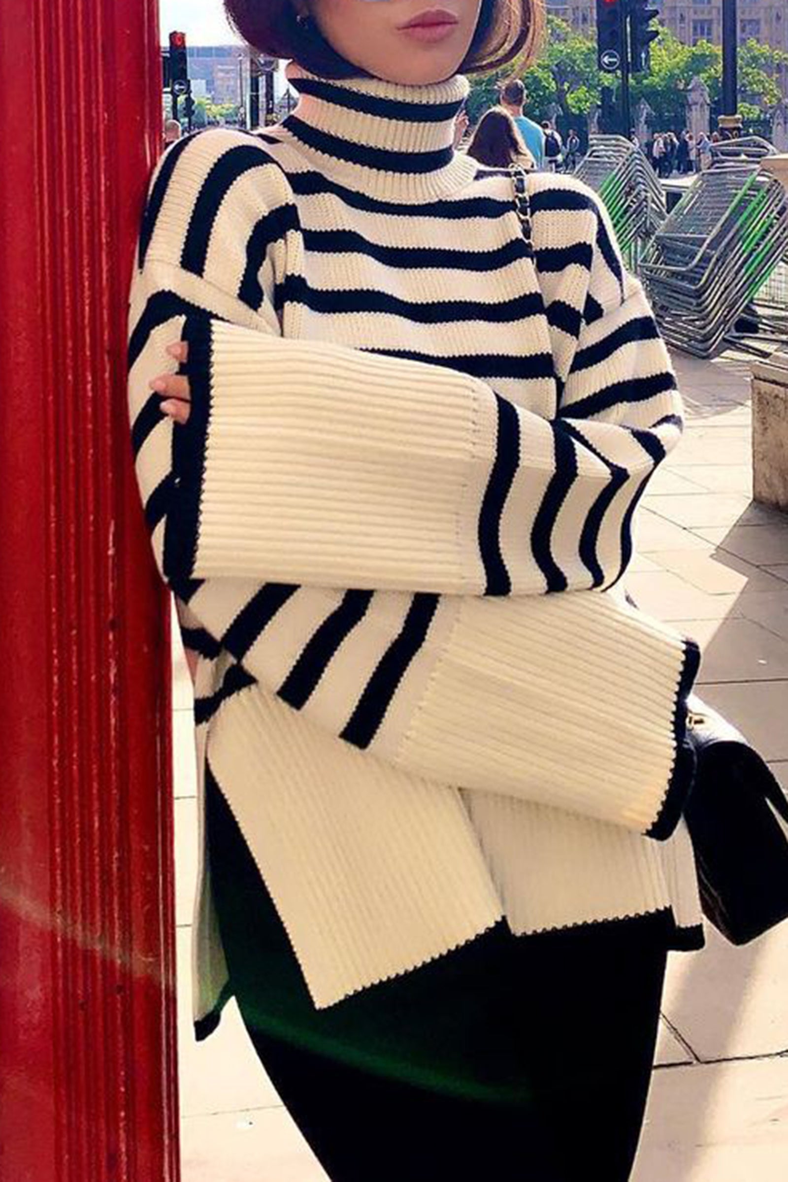 White Roll Neck Striped Ribbed Pullover Sweater