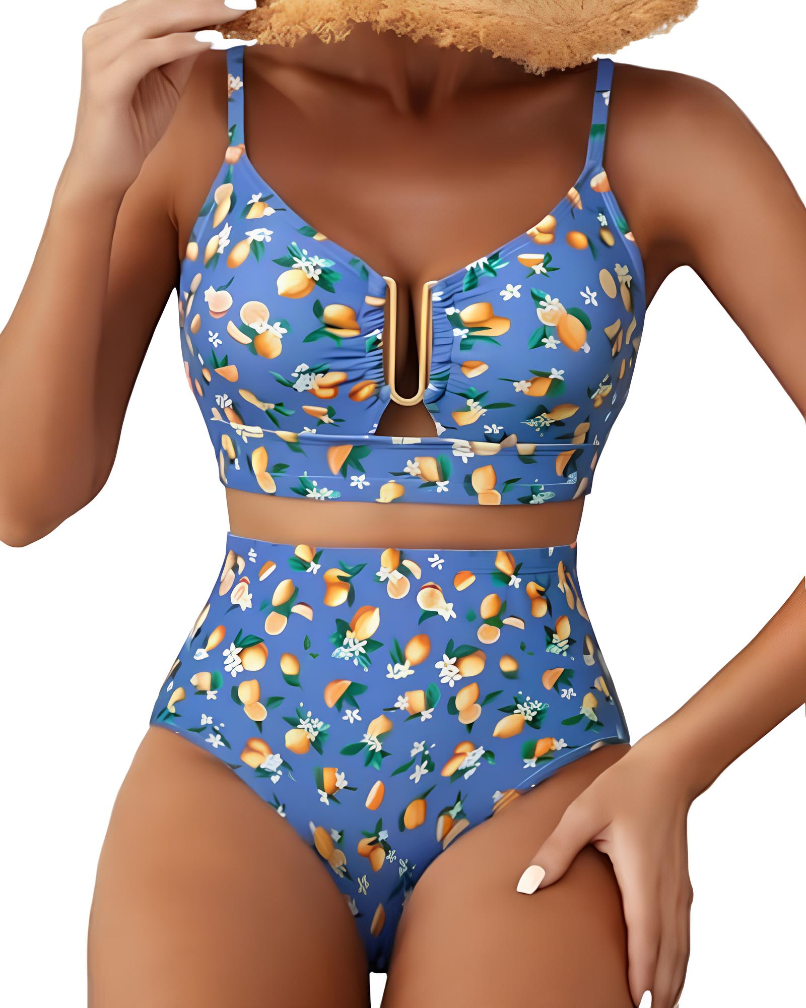Women's V-neck Floral High-waisted Tummy-control Bikini Swimsuit