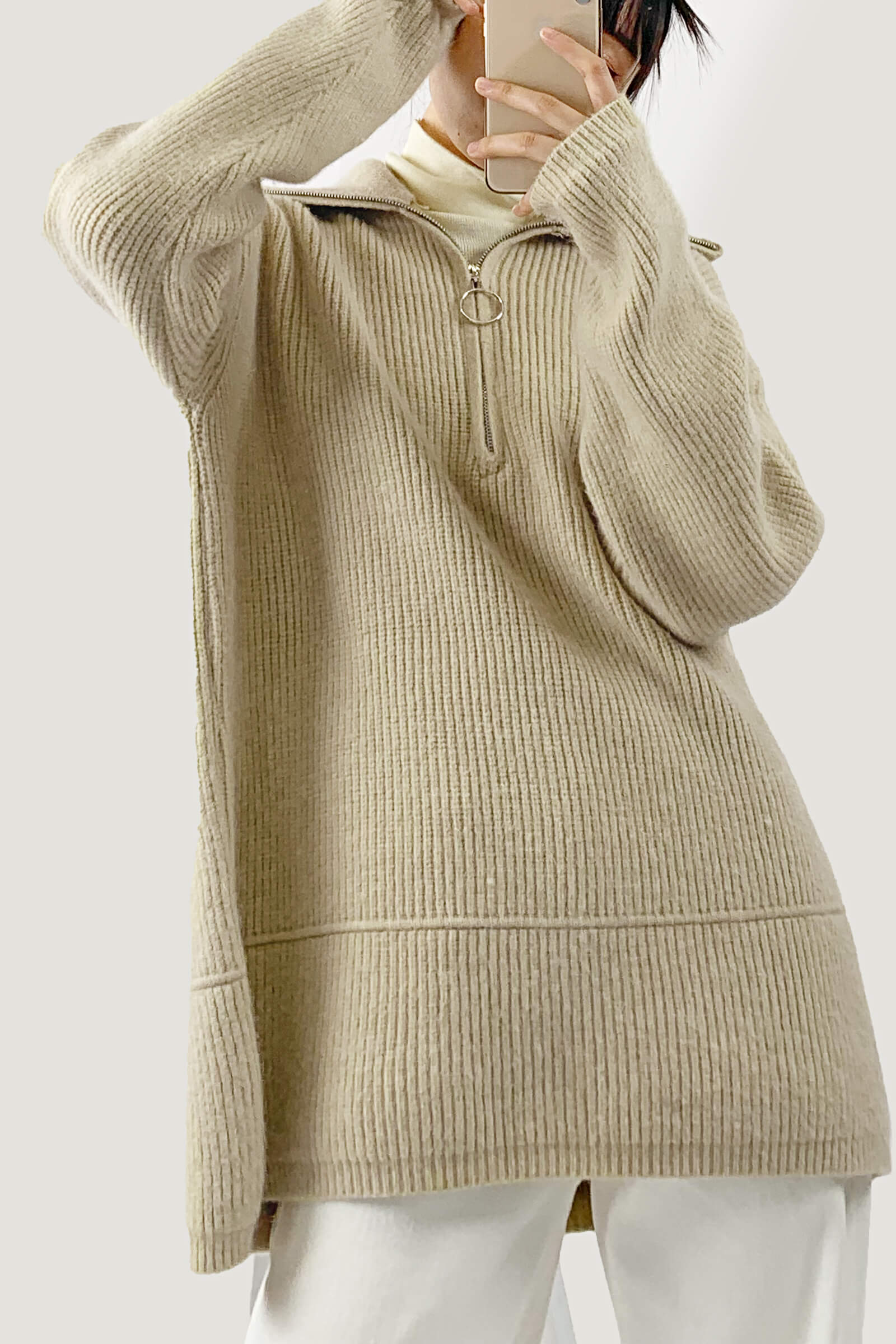 Khaki Collared Half-Zip Oversized Sweater