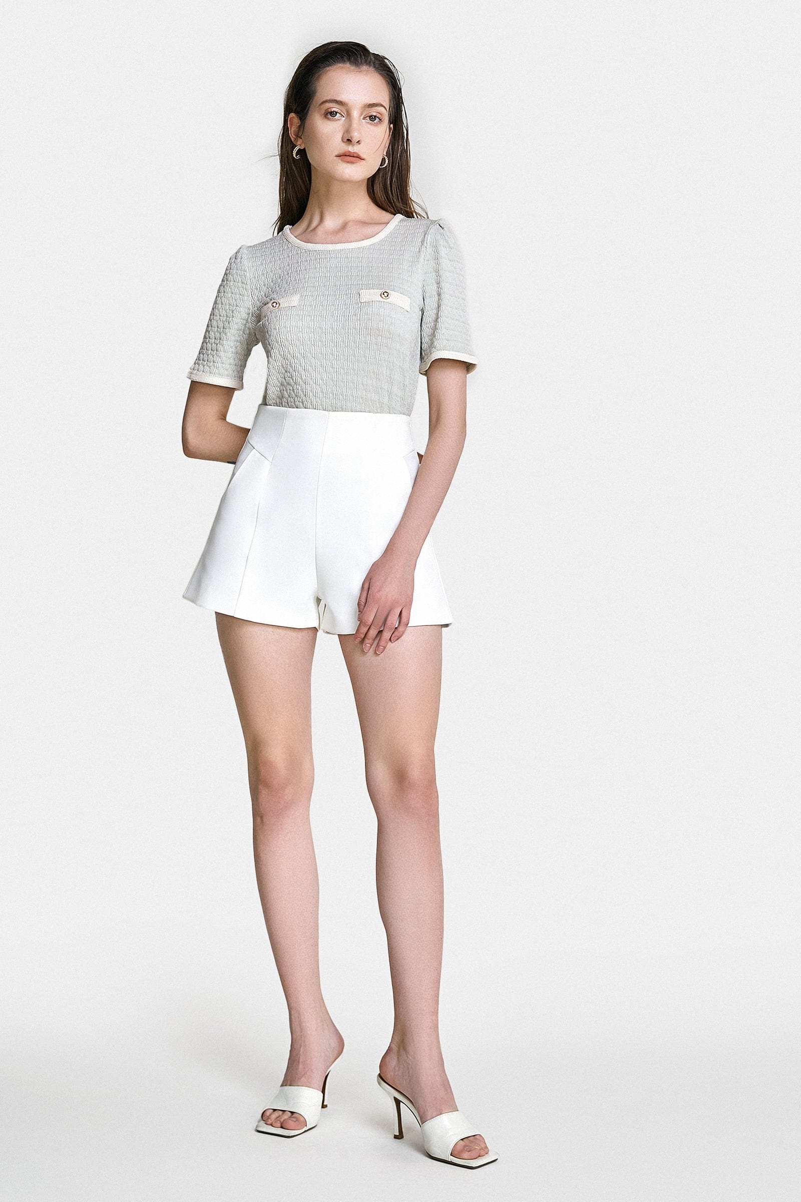 Light Green Textured Contrast Binding Short Sleeve Blouse