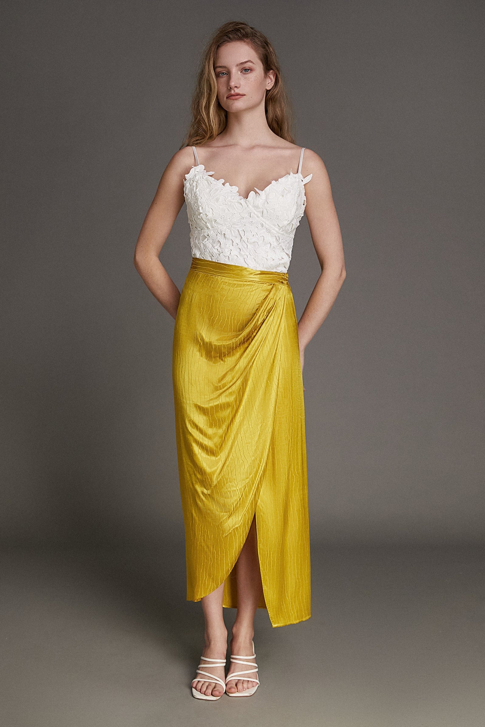 Yellow Jacquard Ruched Wrap Maxi Skirt