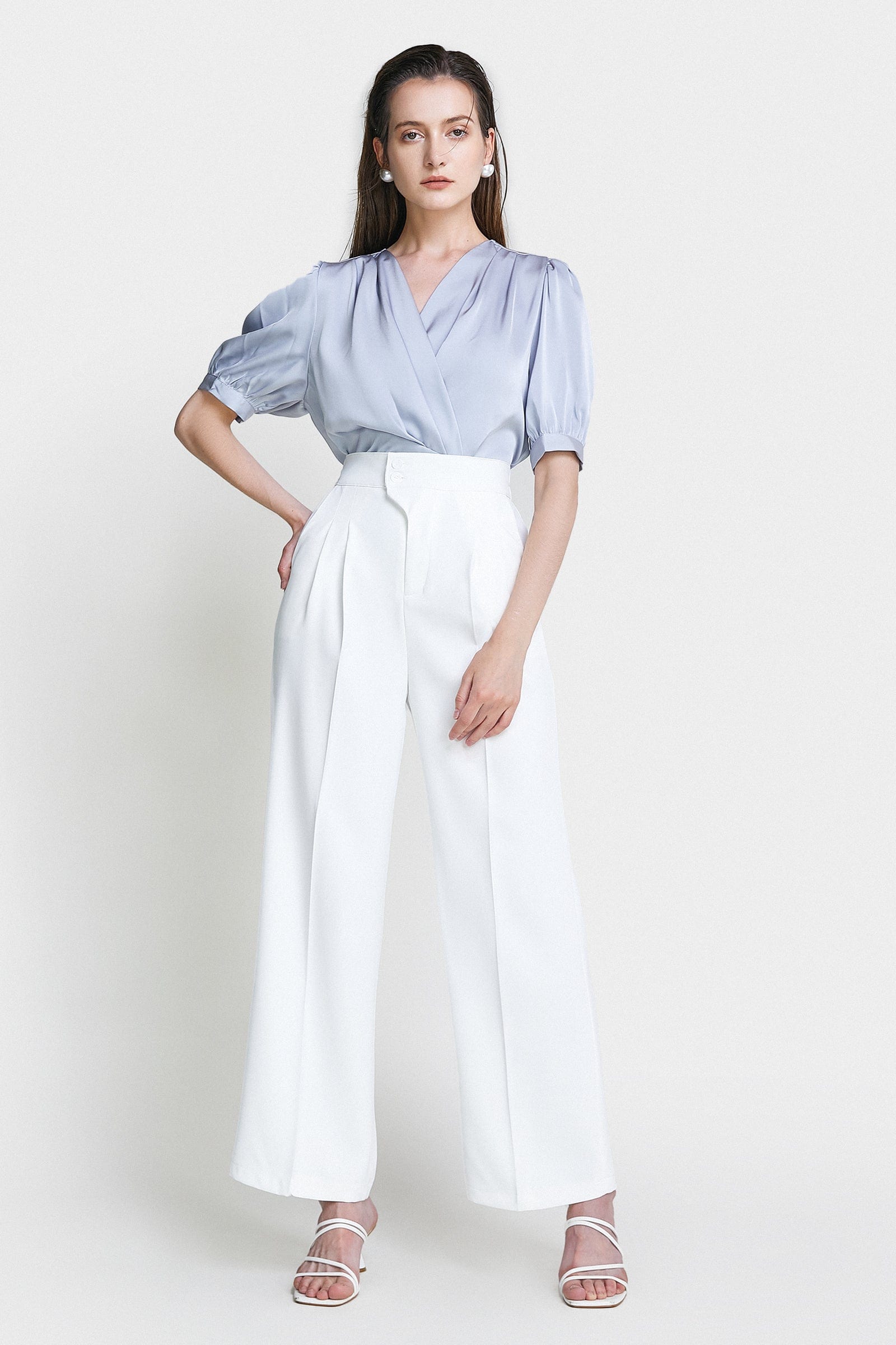 Light Steel Blue Surplice Neck Ruched Blouse