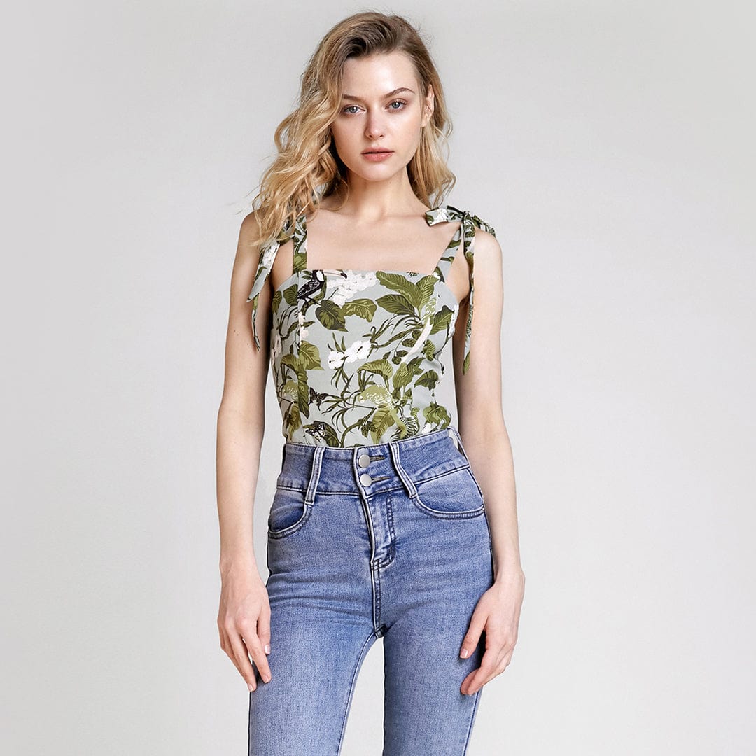 Dark Olive Green Printed Tie-Strap Tank Top