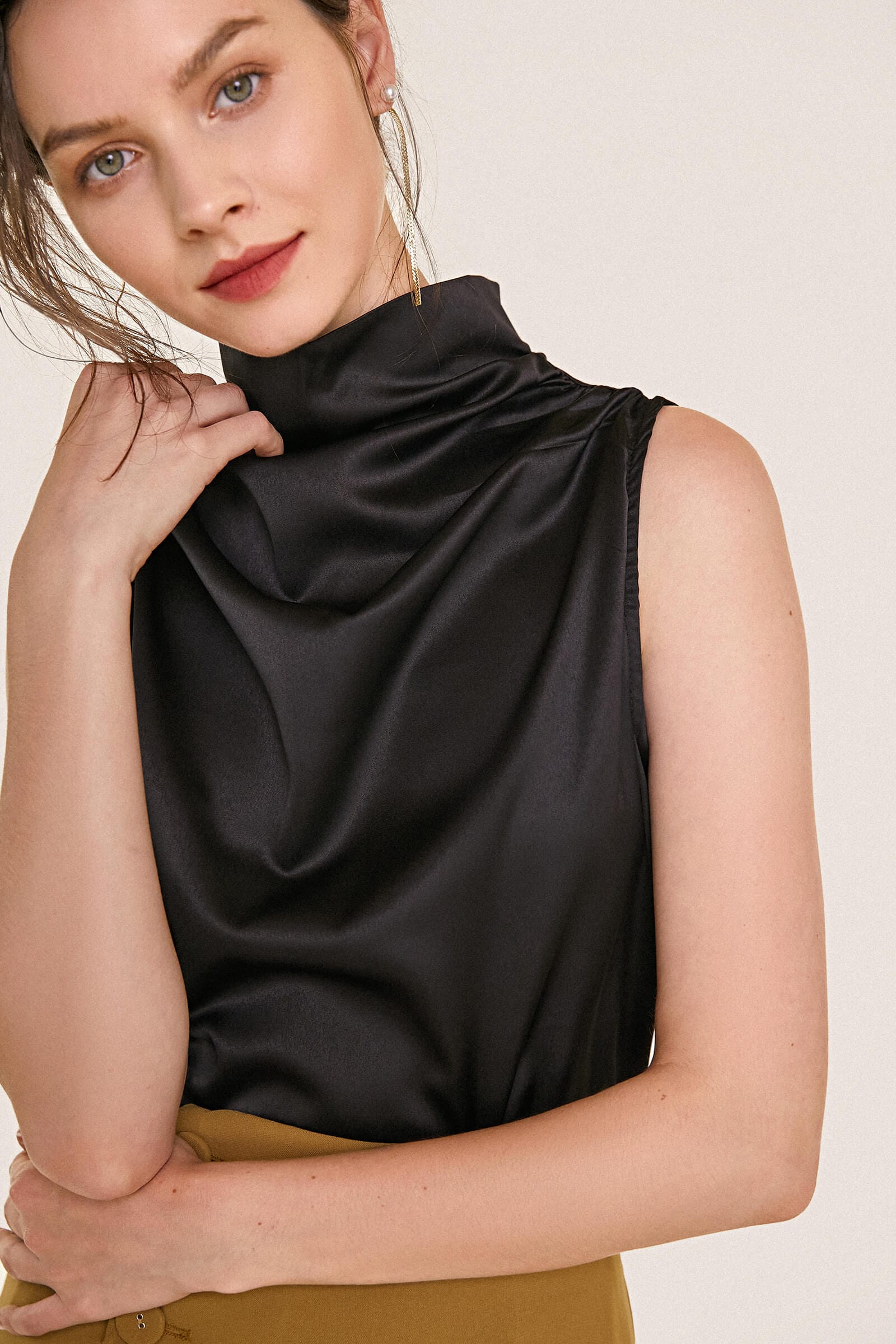 Black Sleeveless High Draped Neck Satin Work Blouse