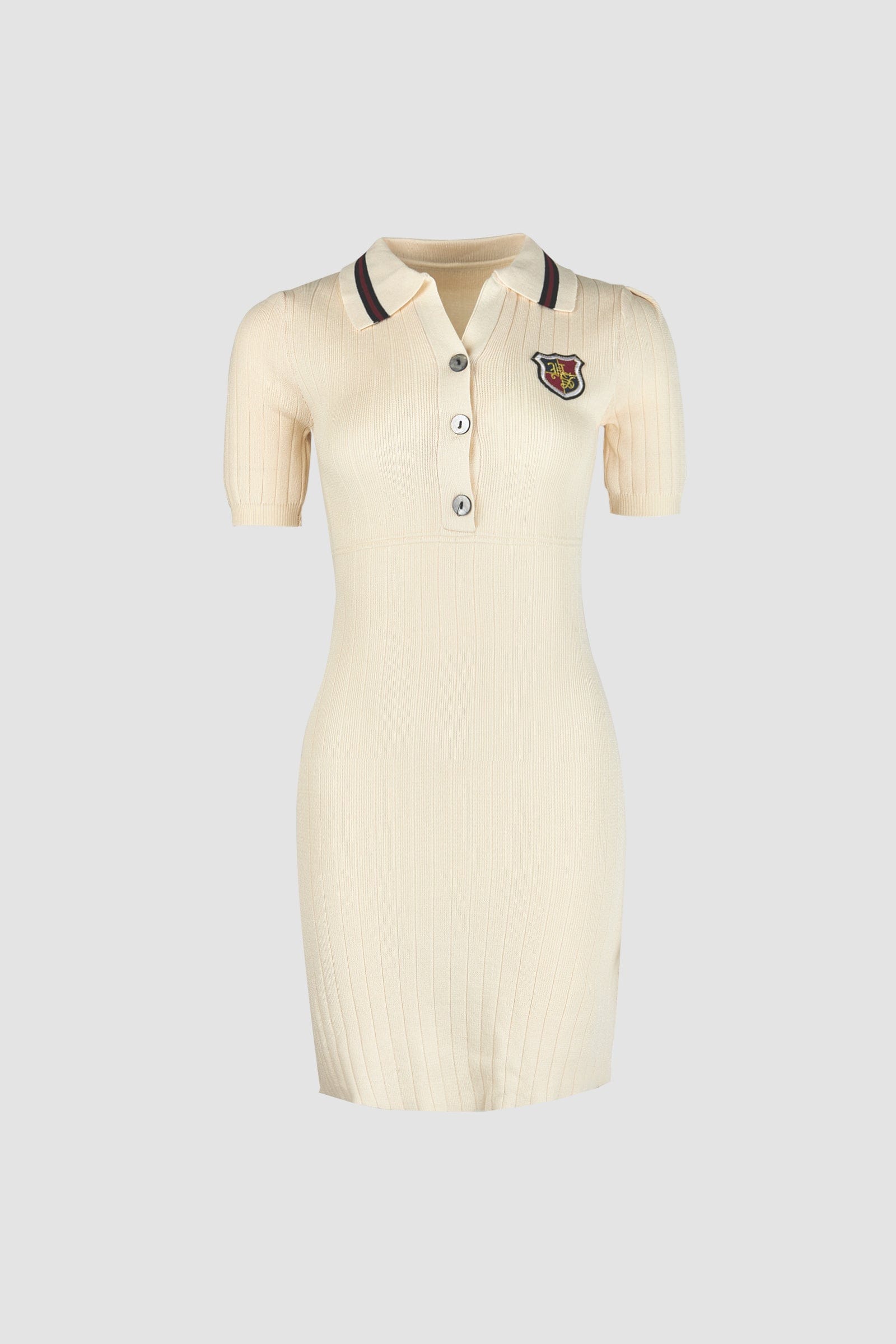 Ivory Embroidered Patch Polo Rib-Knit Dress