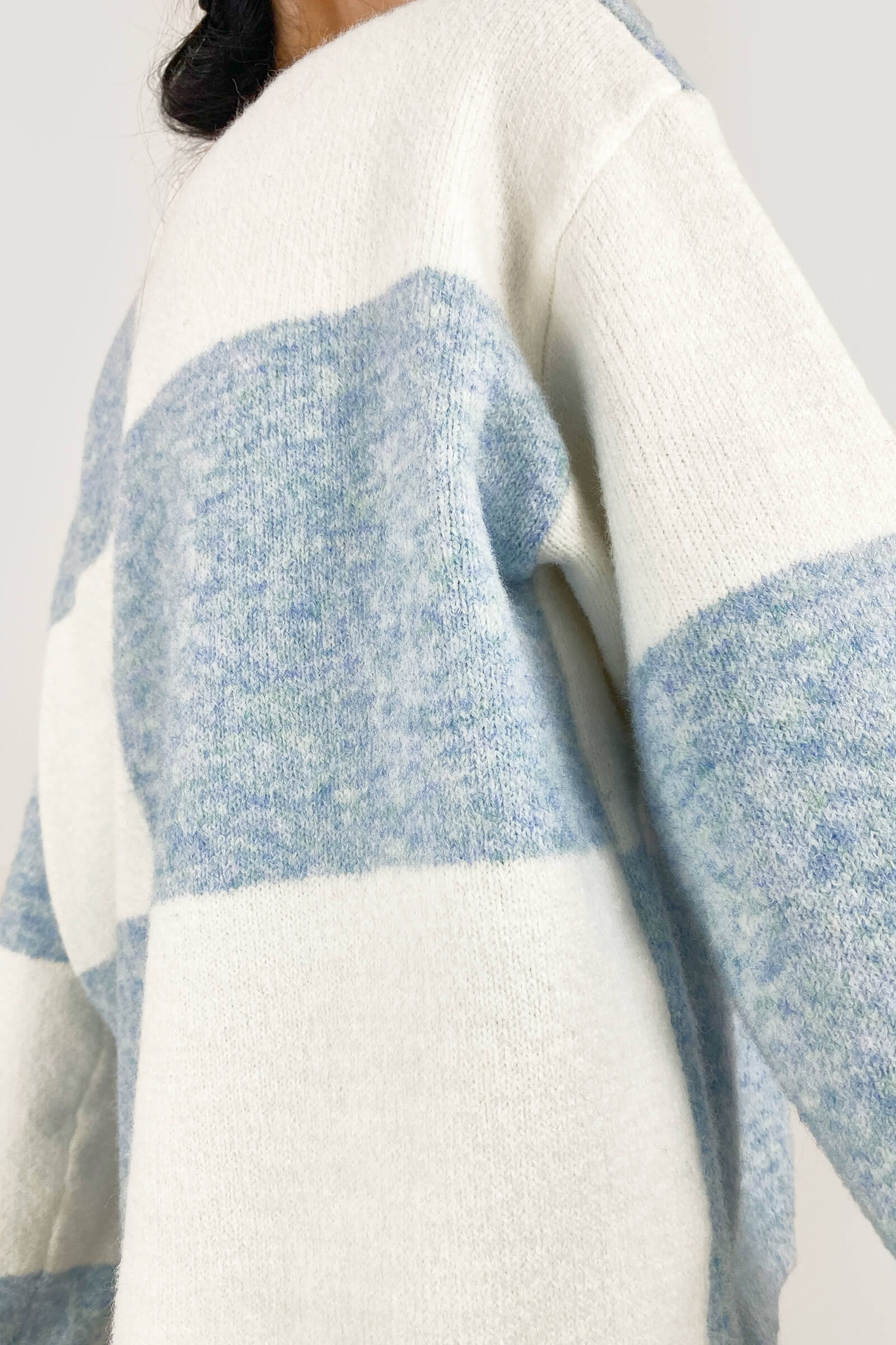 Light Sky Blue Cozy Crew Neck Plaid Sweater