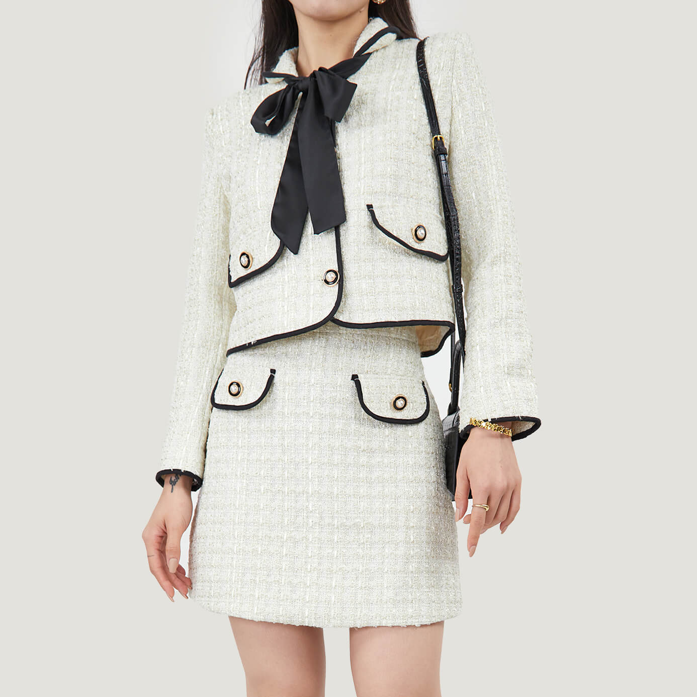 Fake Flap Pocket Bow Detailed Jacket&Mini Skirt Two-Piece Set