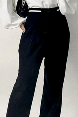 Black Contrast Strap Detail Wide Leg Work Pants
