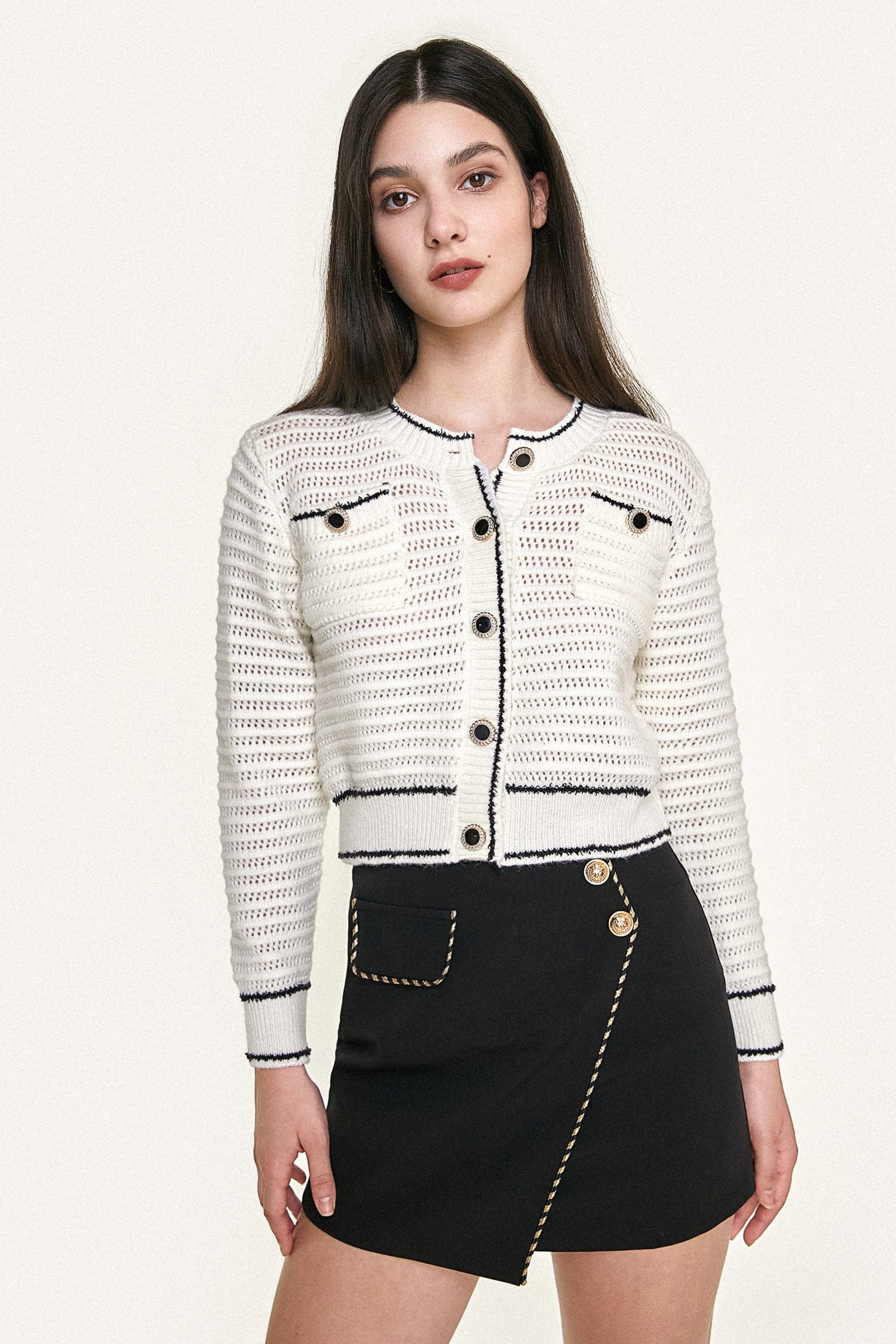 White Contrast Trim Button-Up Pointelle-Knit Cardigan