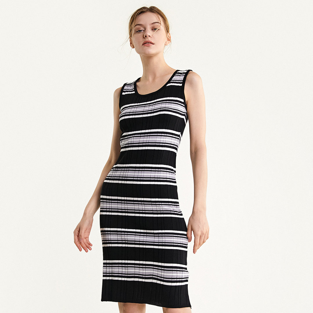 Black Sleeveless Striped Knitted Midi Dress
